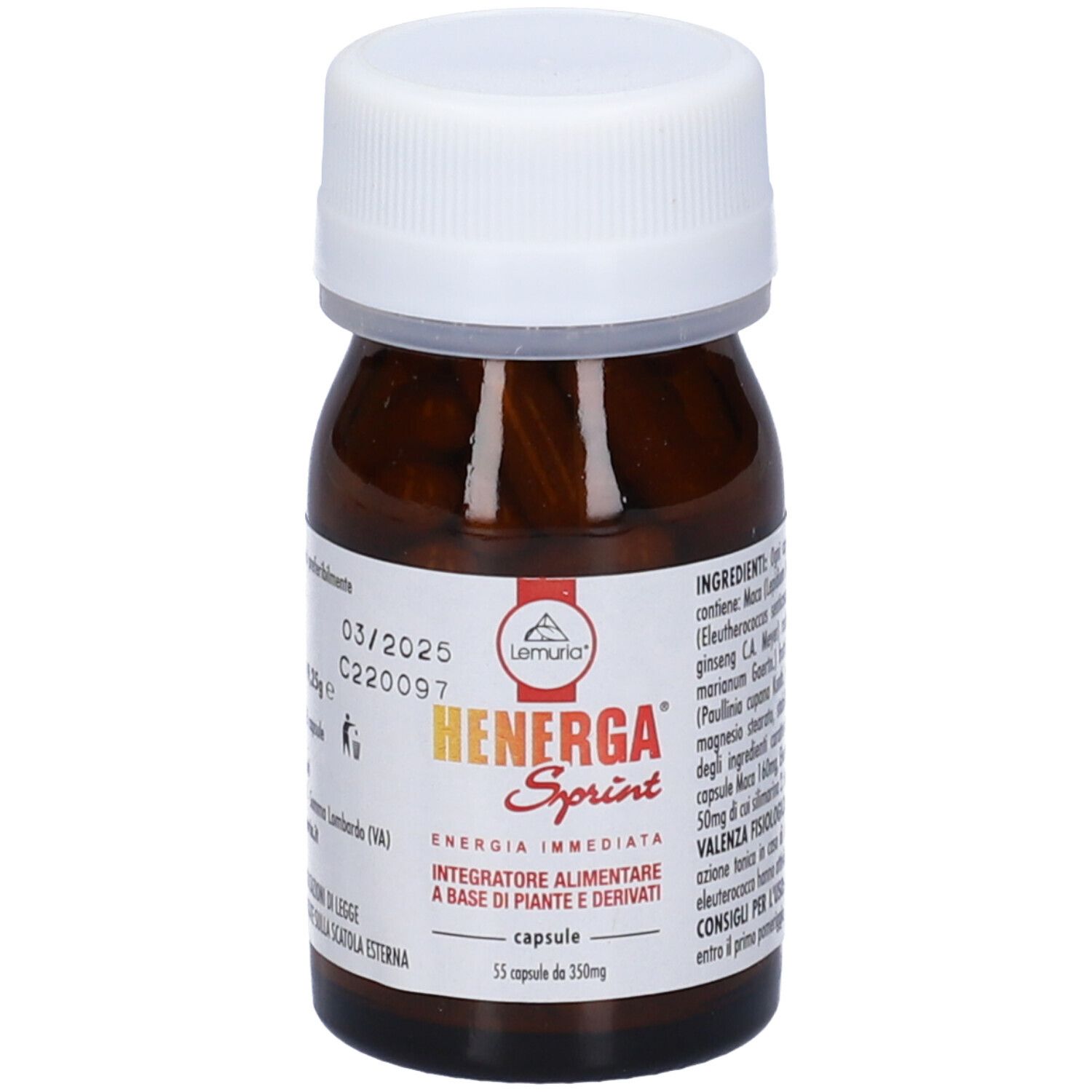 Flacone marrone con tappo bianco. Scritta: Henerga Sprint. Contiene 55 capsule. Con logo e testo.