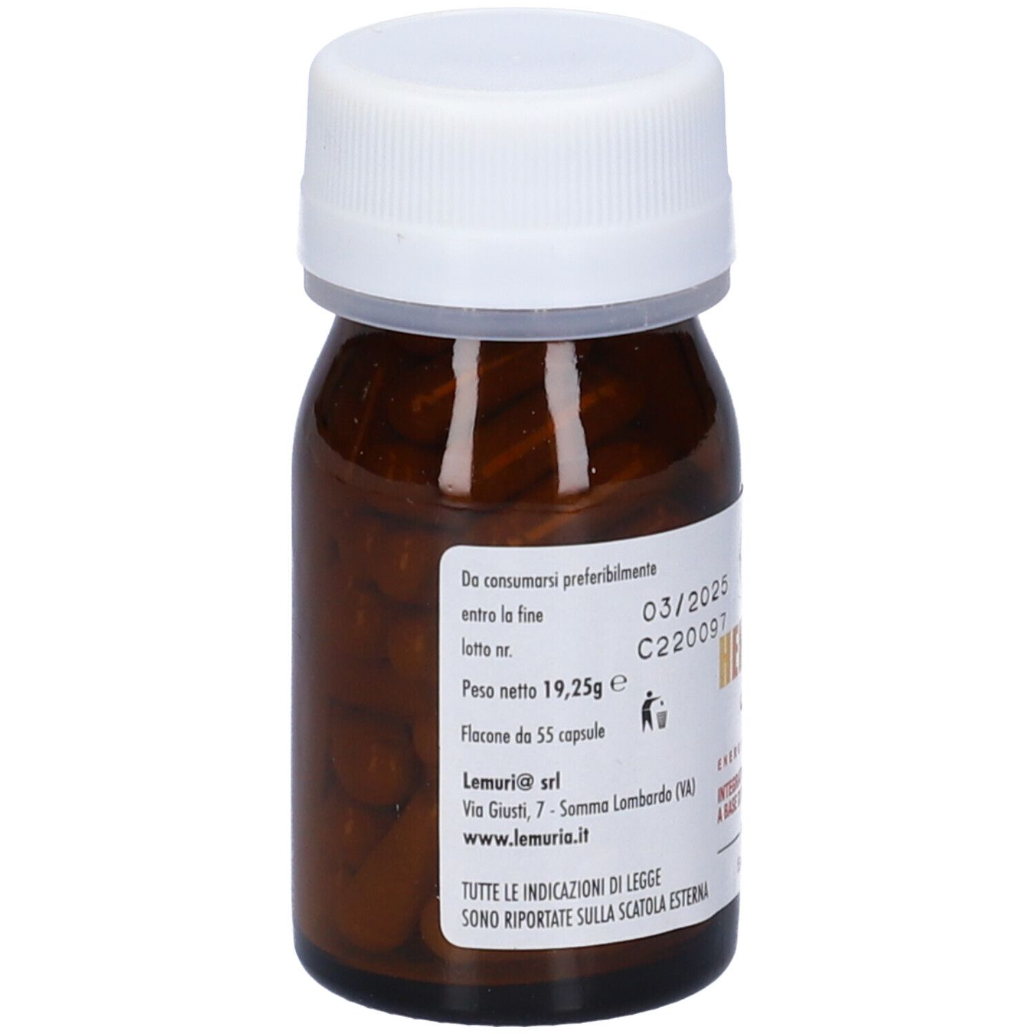 Flacone marrone con tappo bianco. Scritta: Henerga Sprint. Contiene 55 capsule. Con logo e testo.