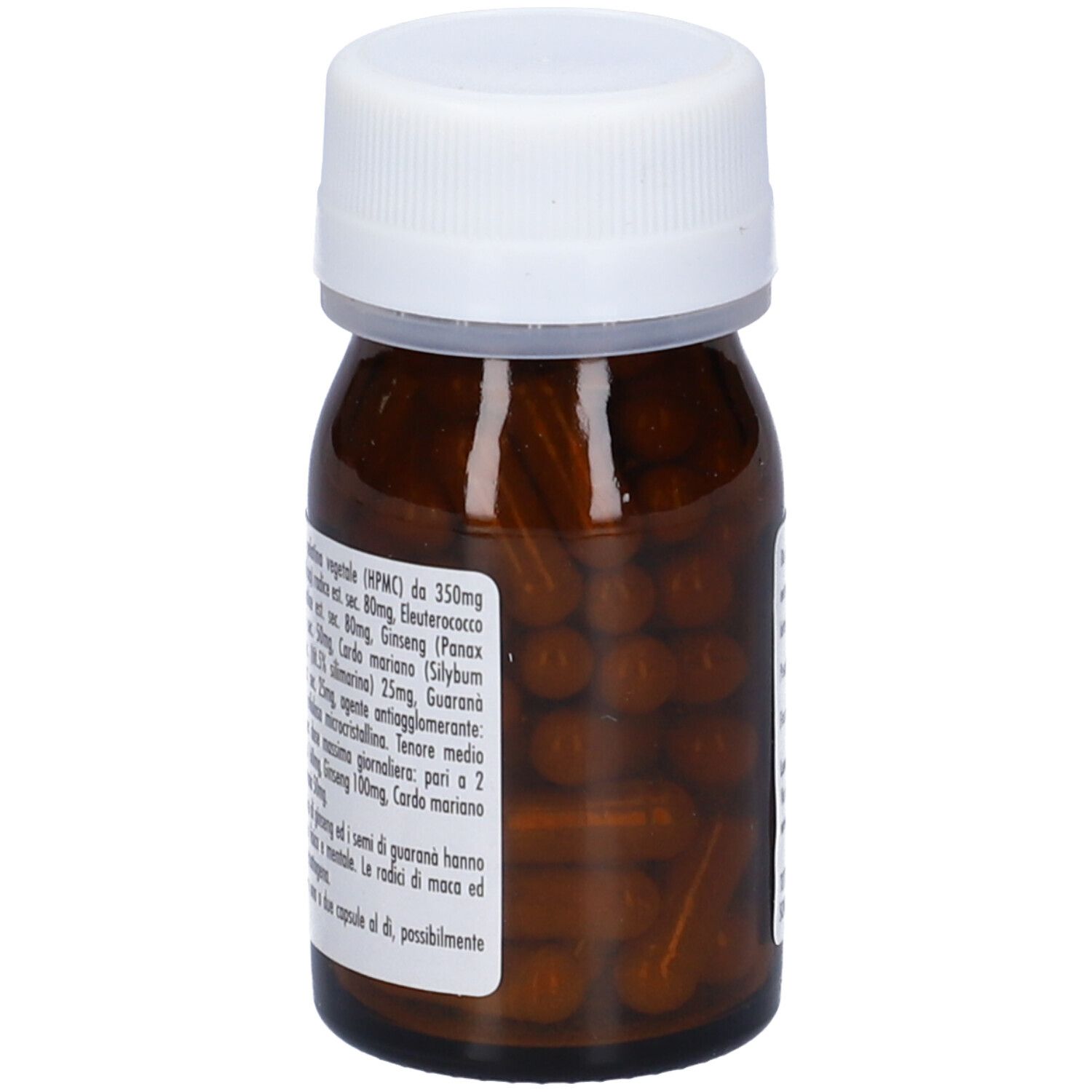 Flacone marrone con tappo bianco. Scritta: Henerga Sprint. Contiene 55 capsule. Con logo e testo.