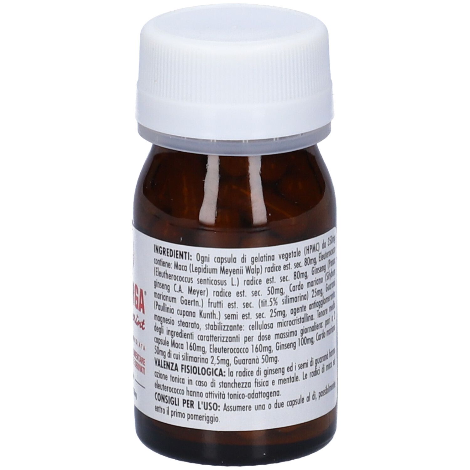 Flacone marrone con tappo bianco. Scritta: Henerga Sprint. Contiene 55 capsule. Con logo e testo.