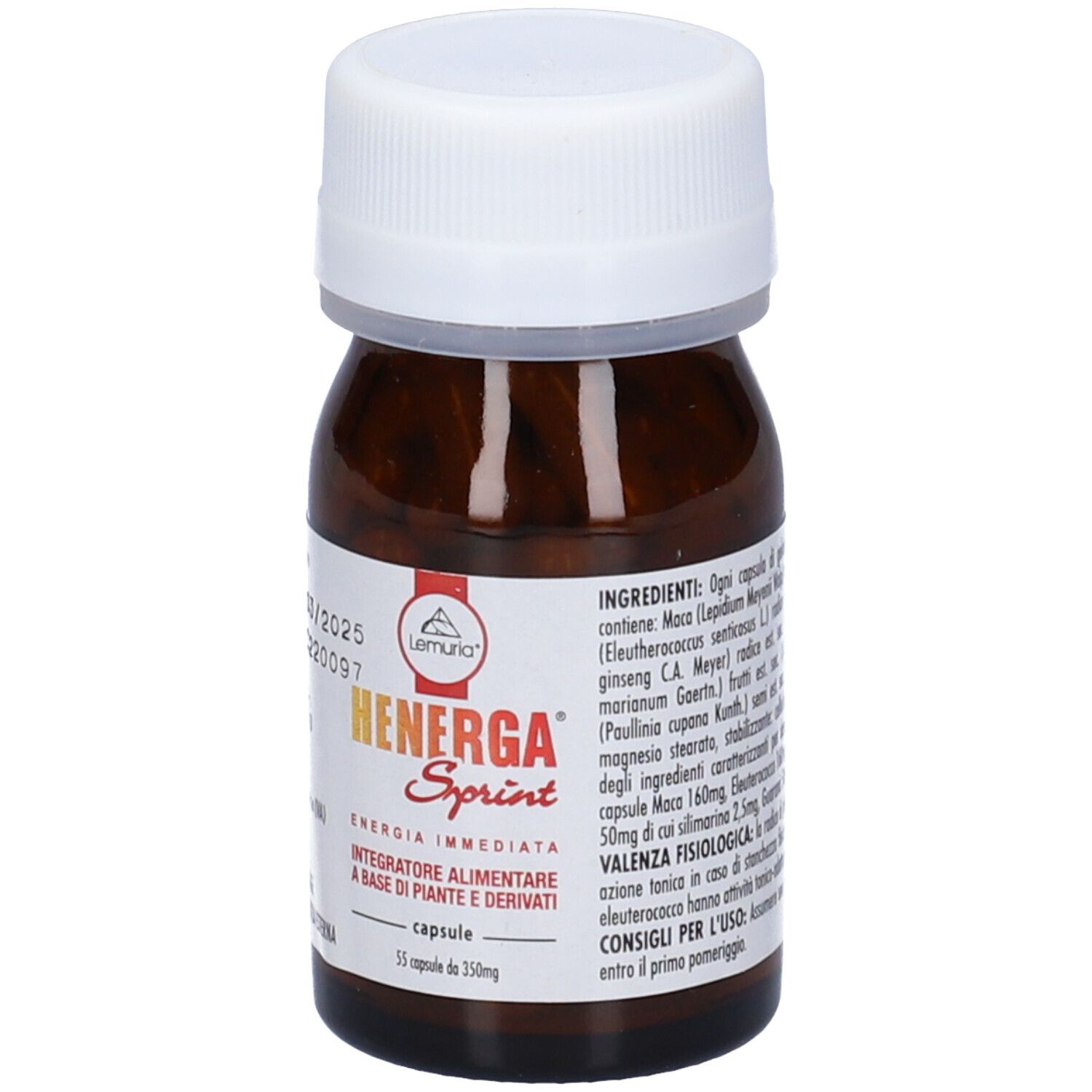 Flacone marrone con tappo bianco. Scritta: Henerga Sprint. Contiene 55 capsule. Con logo e testo.