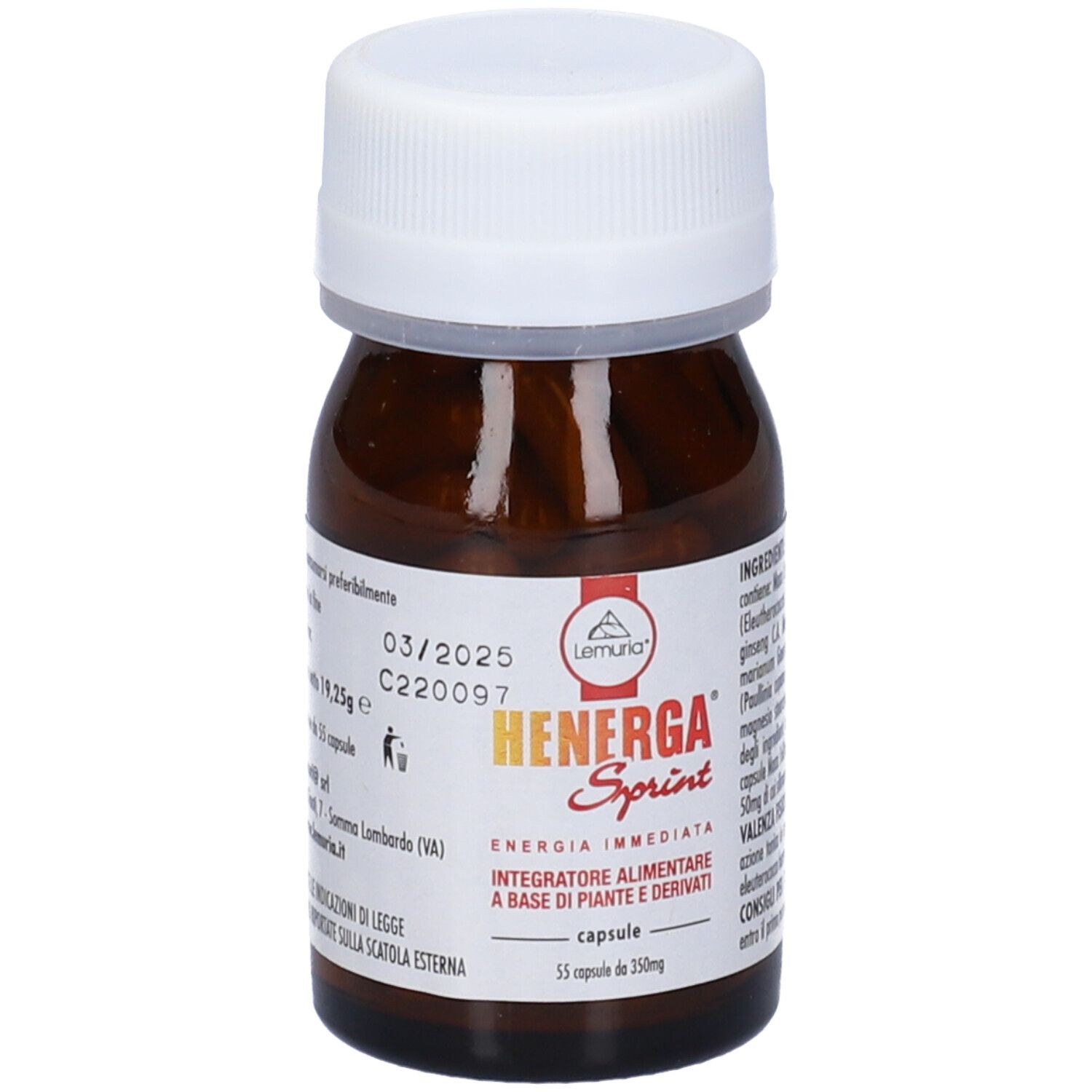 Flacone marrone con tappo bianco. Scritta: Henerga Sprint. Contiene 55 capsule. Con logo e testo.