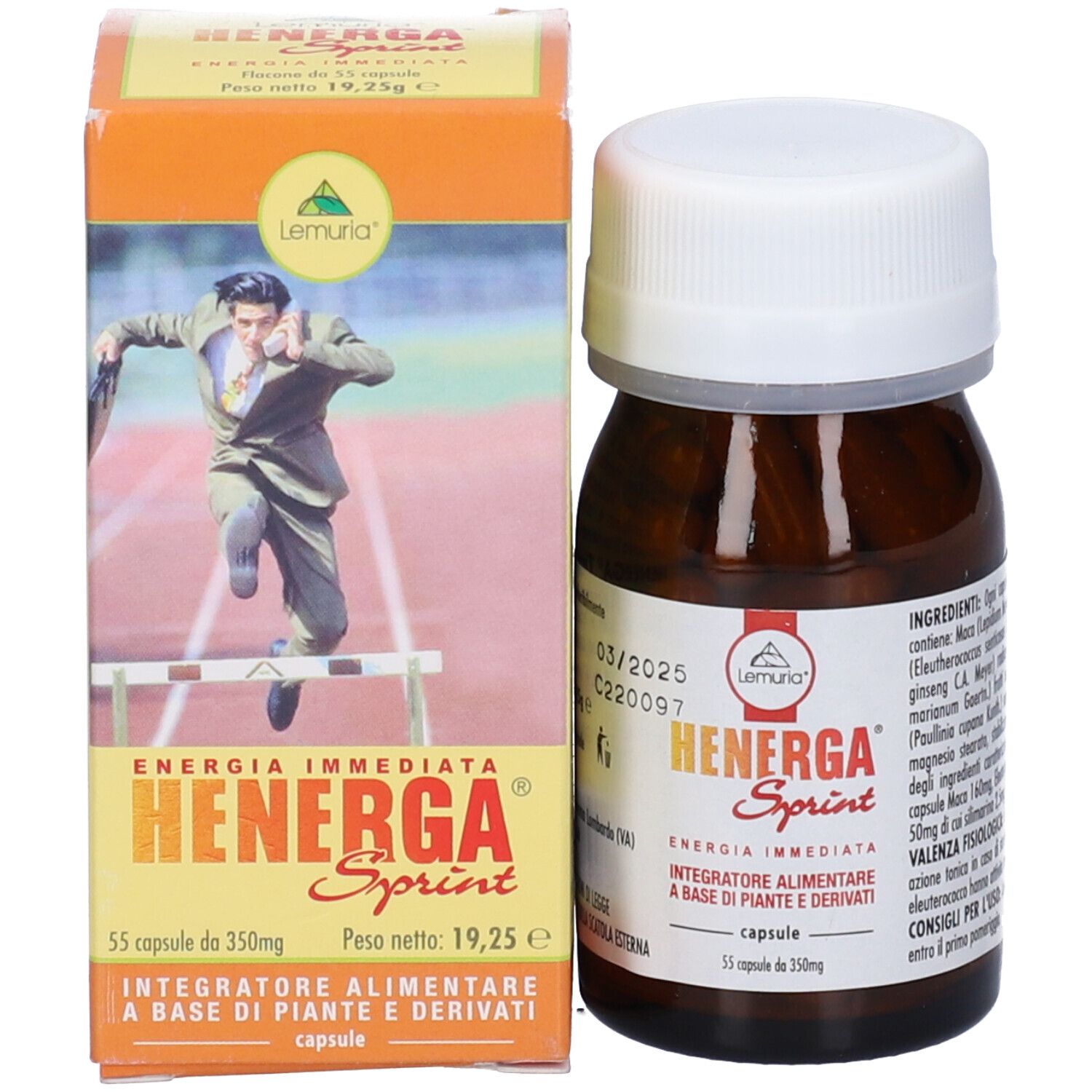 Flacone marrone di Henerga Sprint con tappo bianco e confezione. Scritta: Henerga Sprint, 55 capsule.