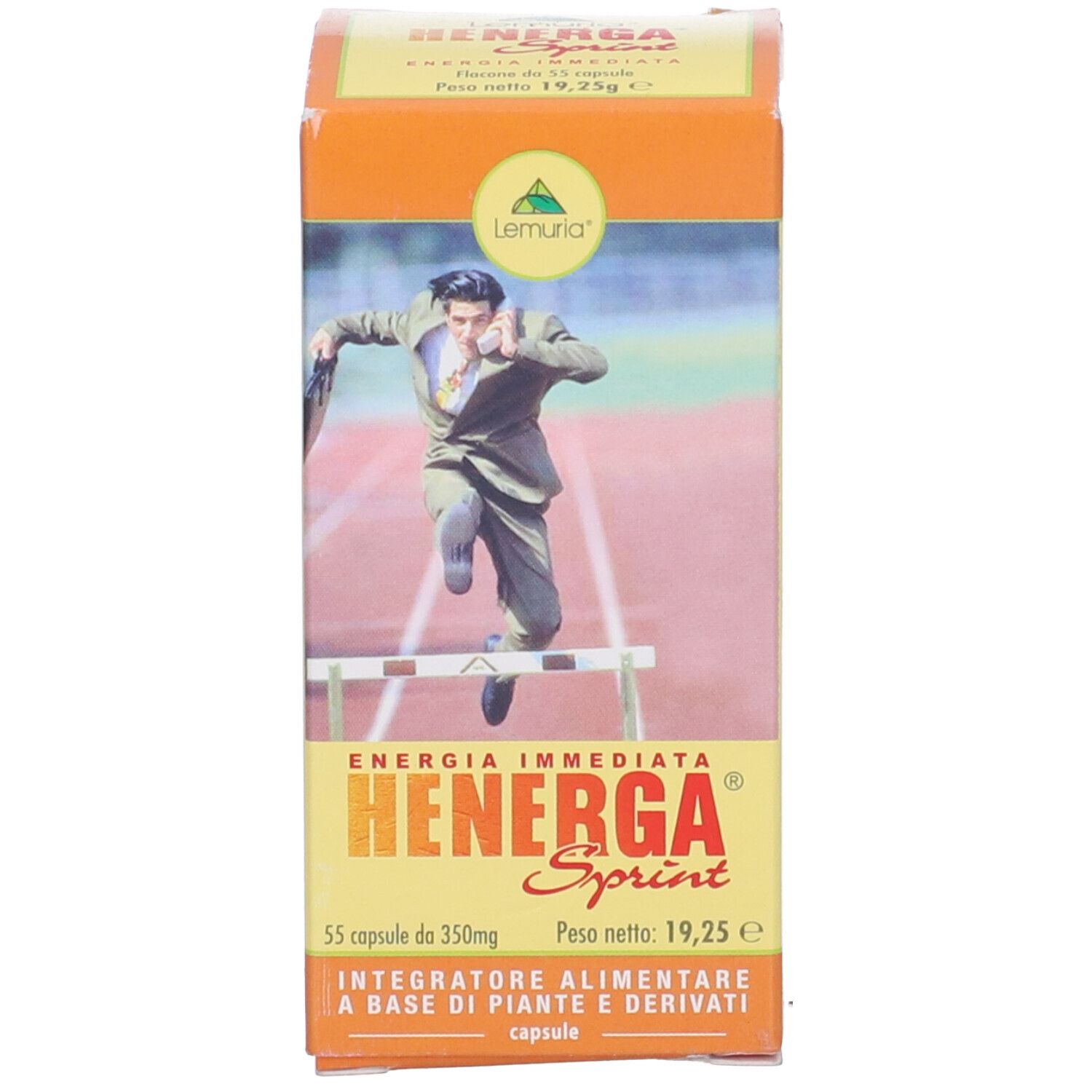 Confezione di Henerga Sprint. Scritta: Henerga Sprint, 55 capsule. Immagine di un uomo che salta gli ostacoli.