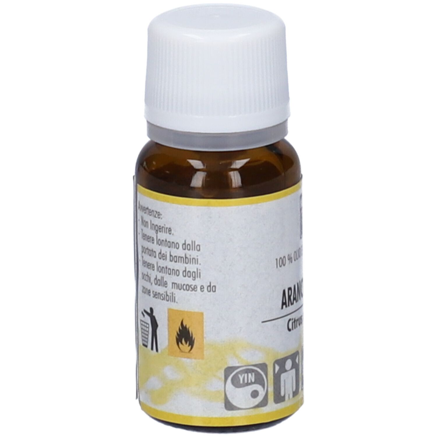 Flacone di vetro marrone con tappo bianco. Retro con testo e simboli. Avvertenze e smaltimento.