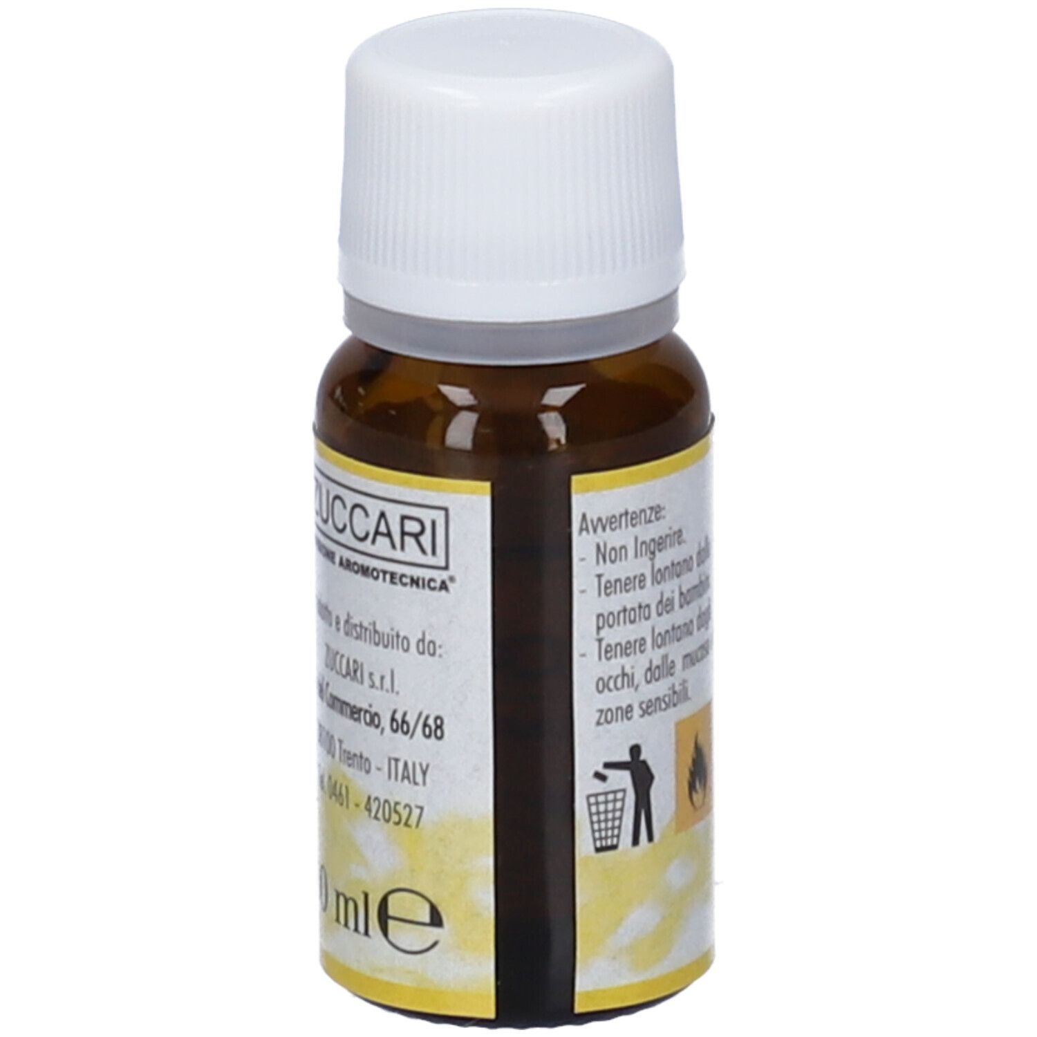 Flacone di vetro marrone con tappo bianco. Etichetta con testo: Zuccari. Indirizzo e indicazione volume: 10 ml.