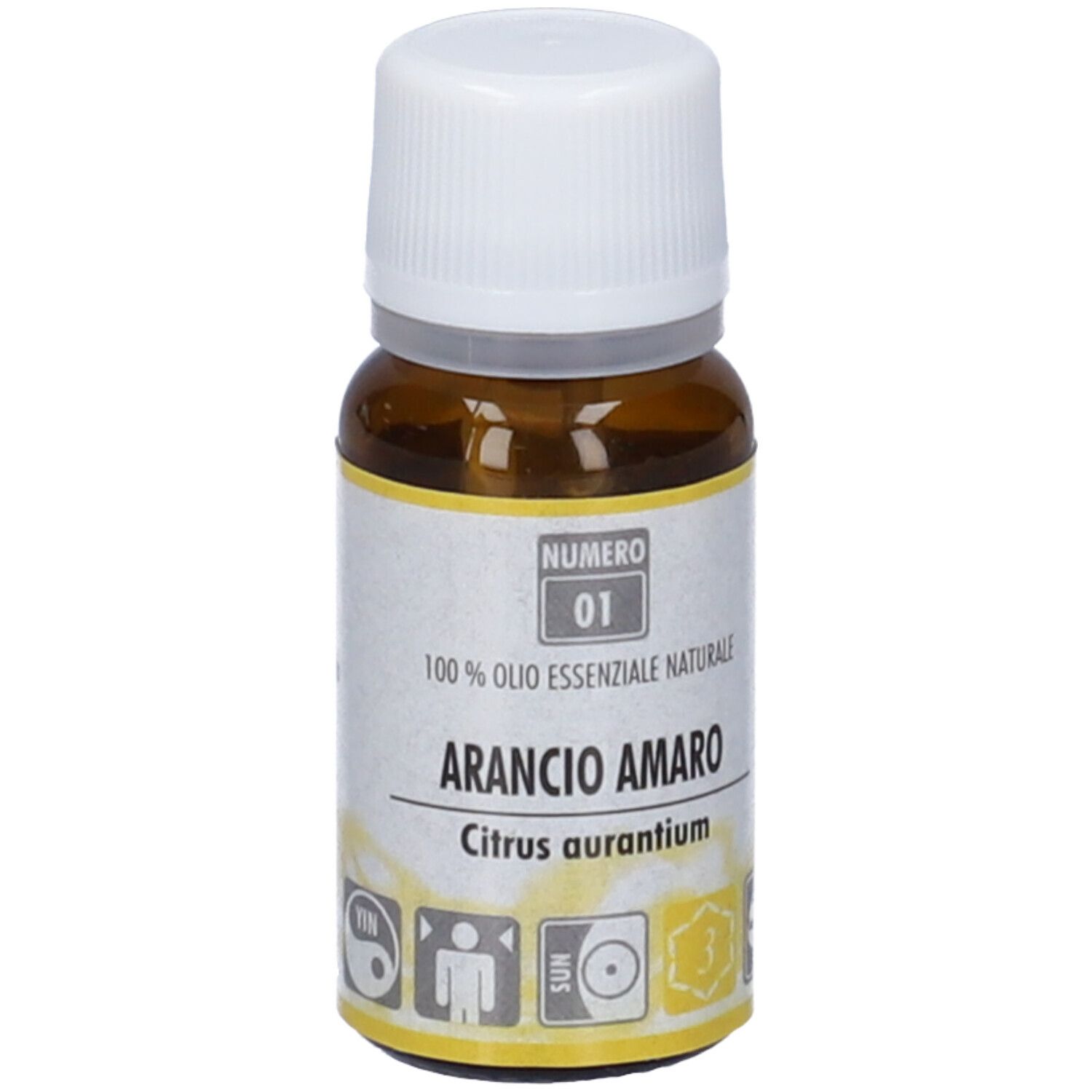 Flacone di vetro marrone con tappo bianco. Etichetta con testo: Arancio Amaro, Citrus aurantium. Simboli gialli e neri.