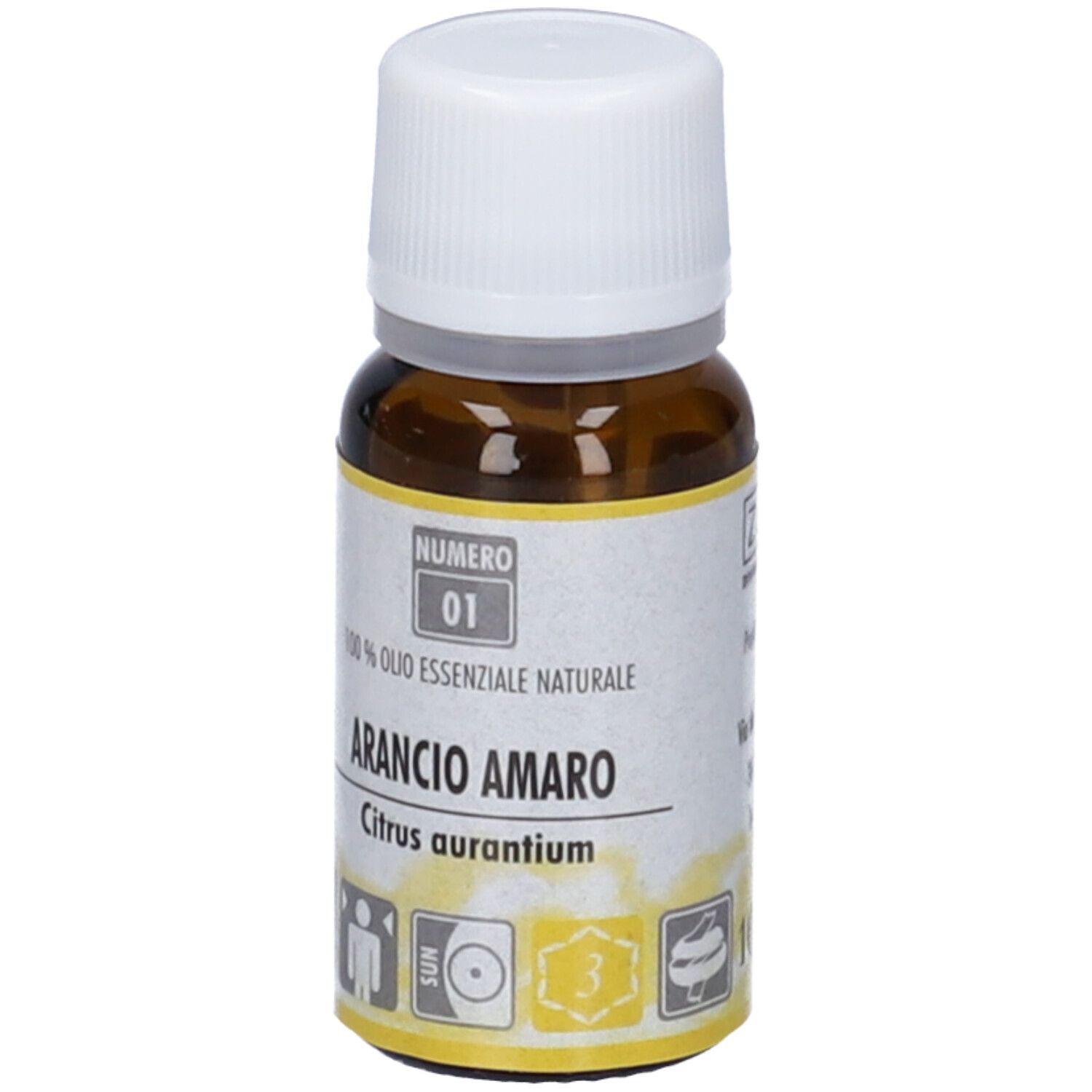 Flacone di vetro marrone con tappo bianco. Etichetta con testo: Arancio Amaro, Citrus aurantium. Simboli gialli e neri.