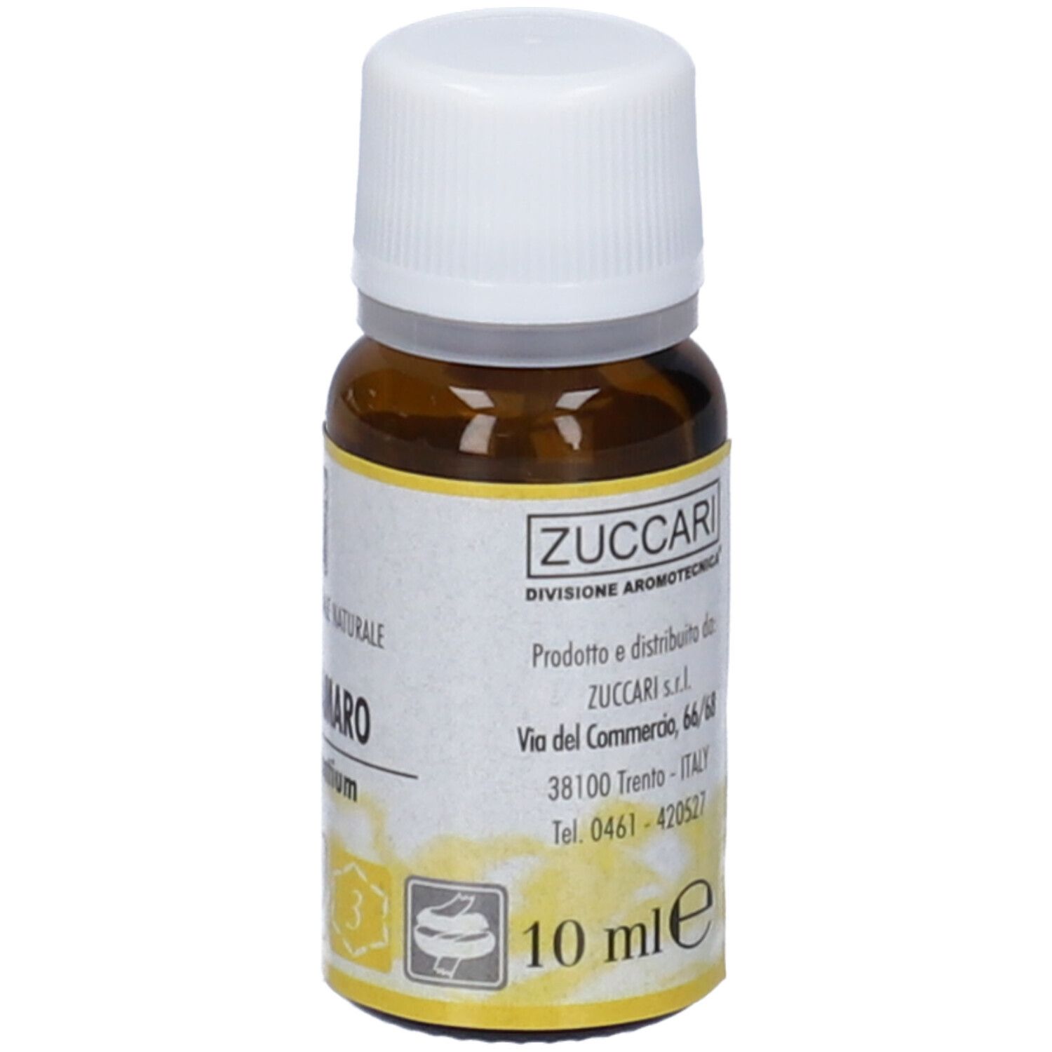 Flacone di vetro marrone con tappo bianco. Etichetta con testo: Zuccari. Indicazione volume: 10 ml. Simboli gialli e neri.