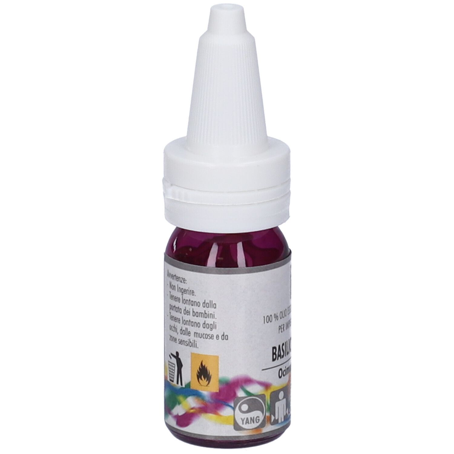 Flacone con tappo bianco e contenuto viola. Scritta: Basilico Linalolo, Ocimum basilicum. Avvertenze.