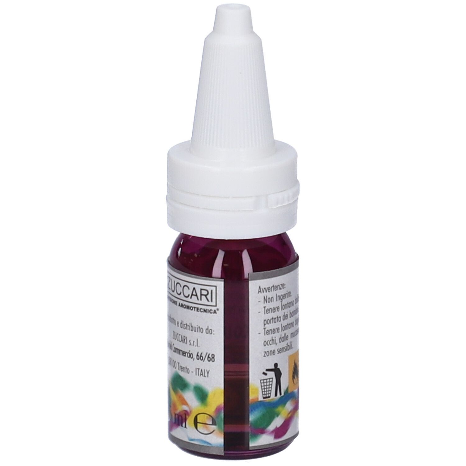 Flacone con tappo bianco e contenuto viola. Scritta: Zuccari, Basilico Linalolo, Ocimum basilicum. 5 ml.