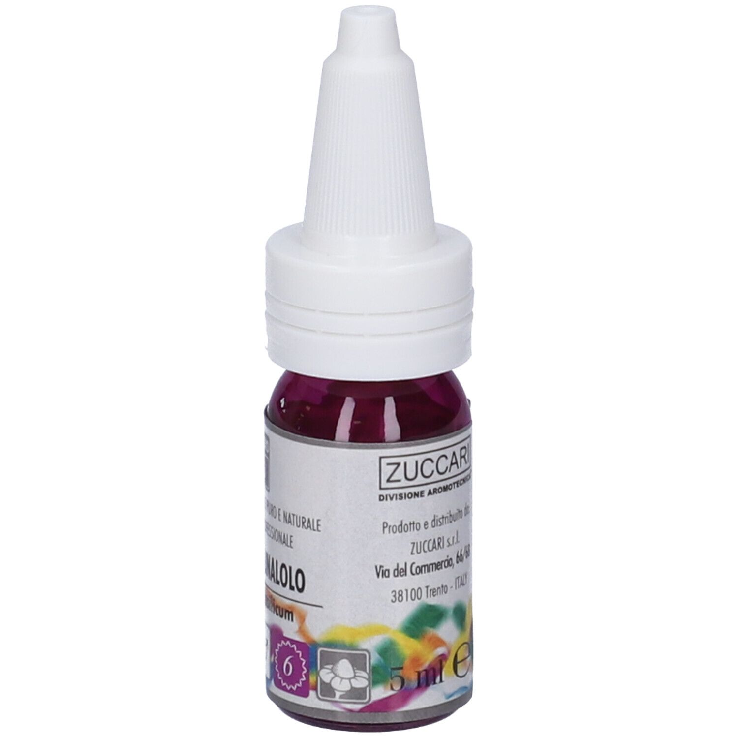 Flacone con tappo bianco e contenuto viola. Scritta: Zuccari, Basilico Linalolo, Ocimum basilicum. 5 ml.
