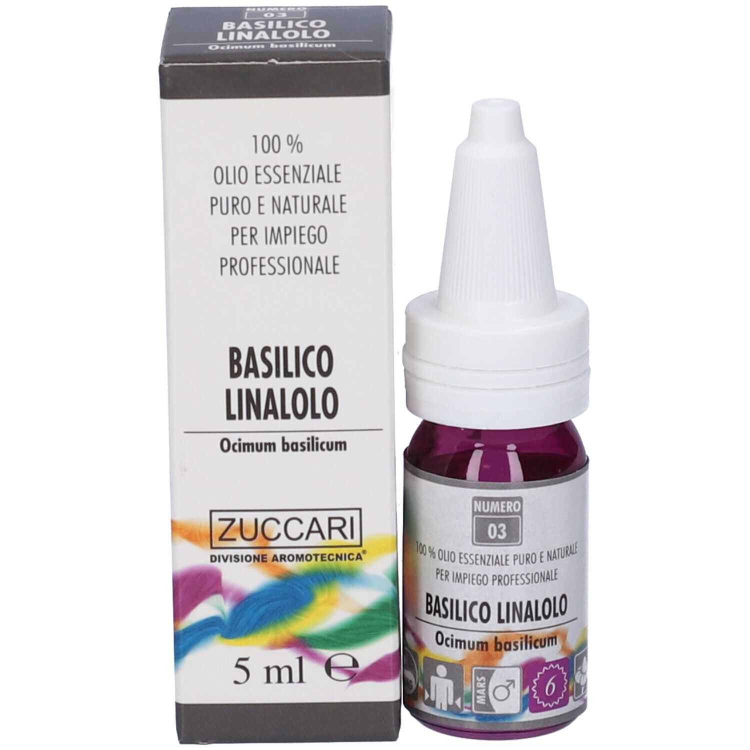 Flacone e scatola. Scritta: Zuccari, Basilico Linalolo, Ocimum basilicum. 5 ml. Flacone con tappo bianco.
