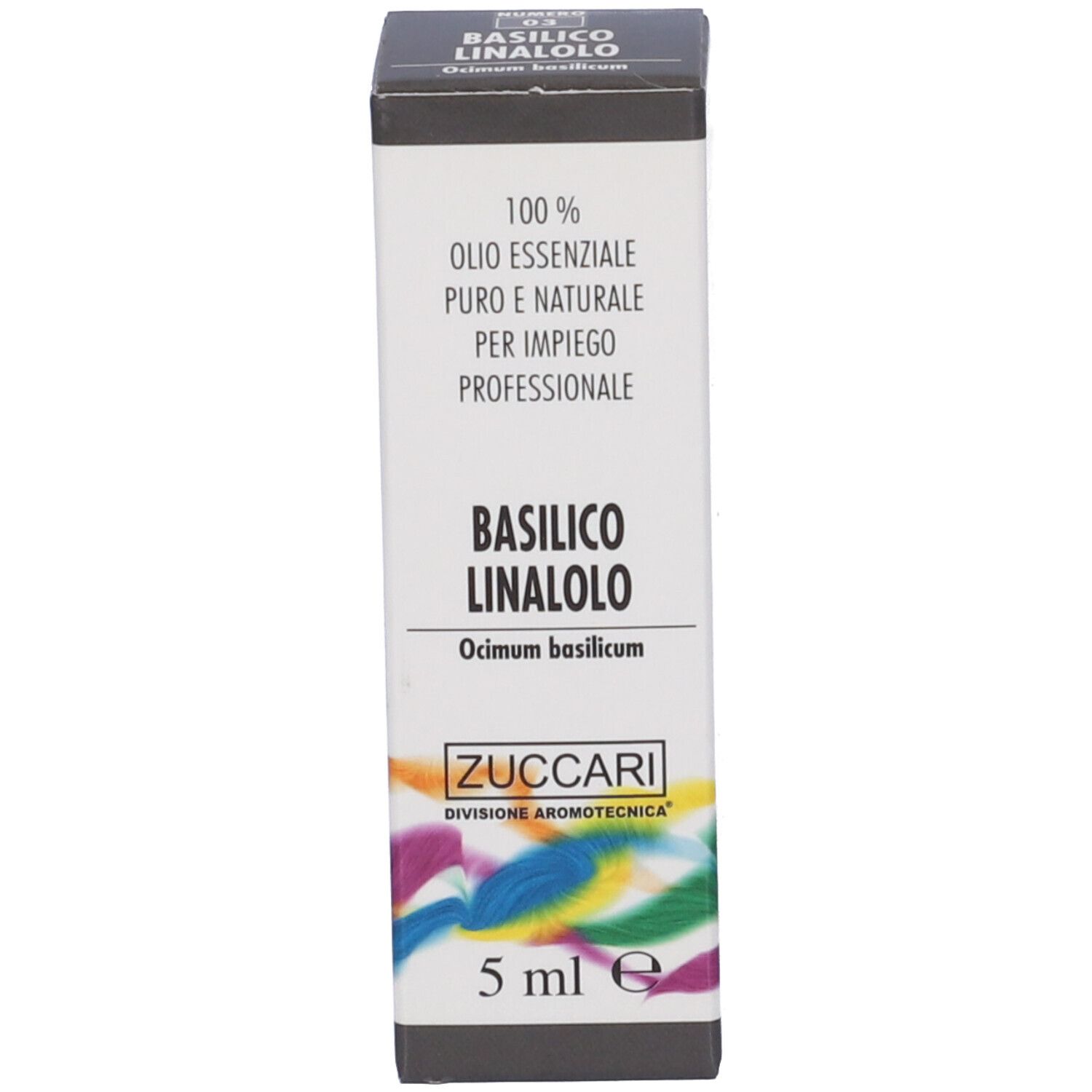 Scatola. Scritta: Zuccari, Basilico Linalolo, Ocimum basilicum. 5 ml.