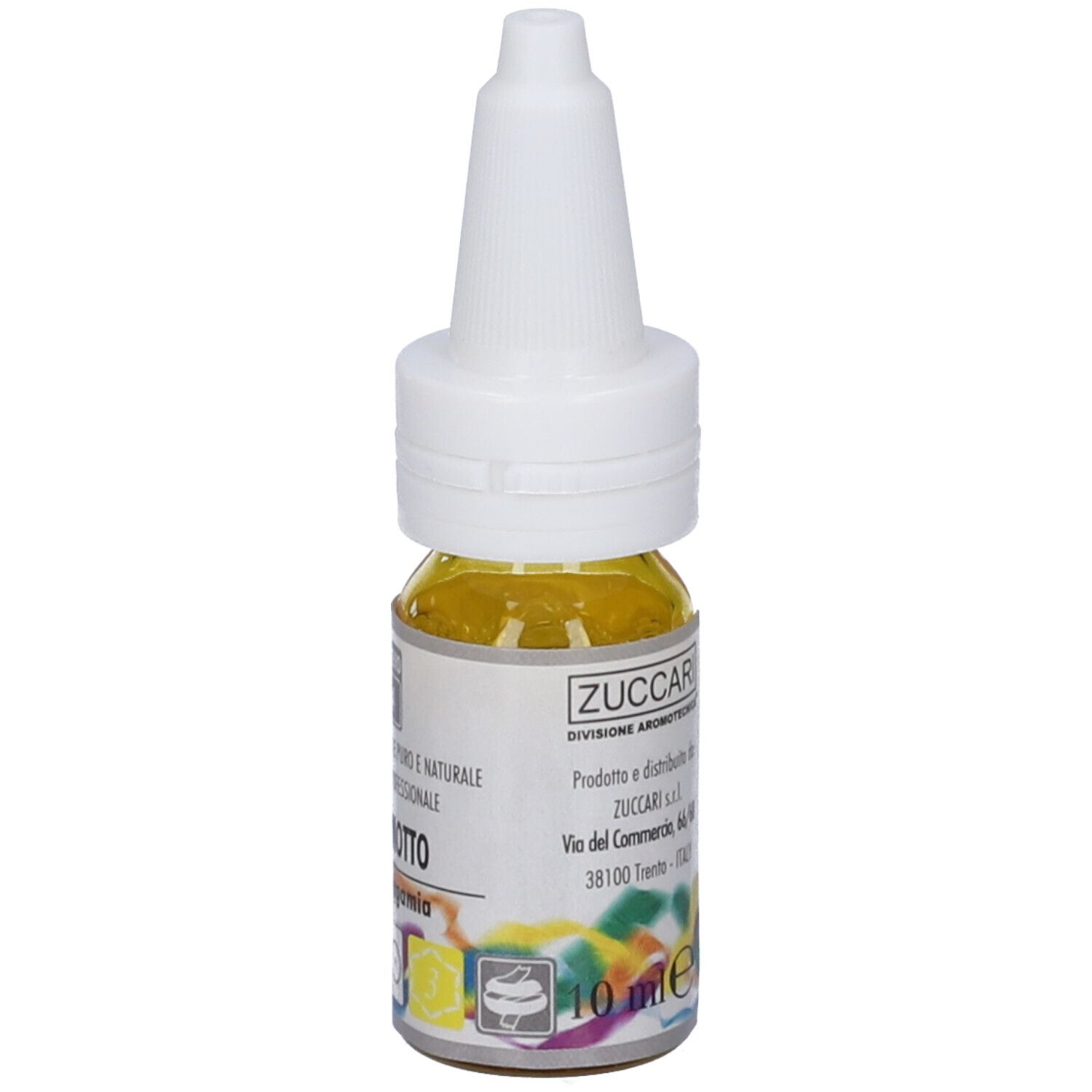 Flacone di olio giallo con tappo bianco. Scritta: Zuccari, Bergamotto, Citrus bergamia, 10 ml.