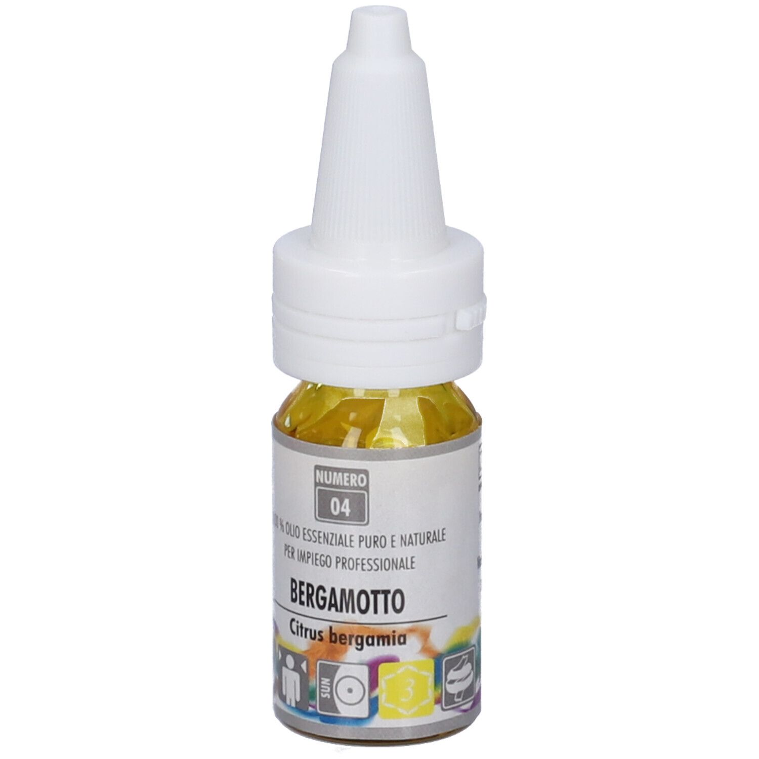 Flacone di olio giallo con tappo bianco. Scritta: Bergamotto, Citrus bergamia. Numero 04.