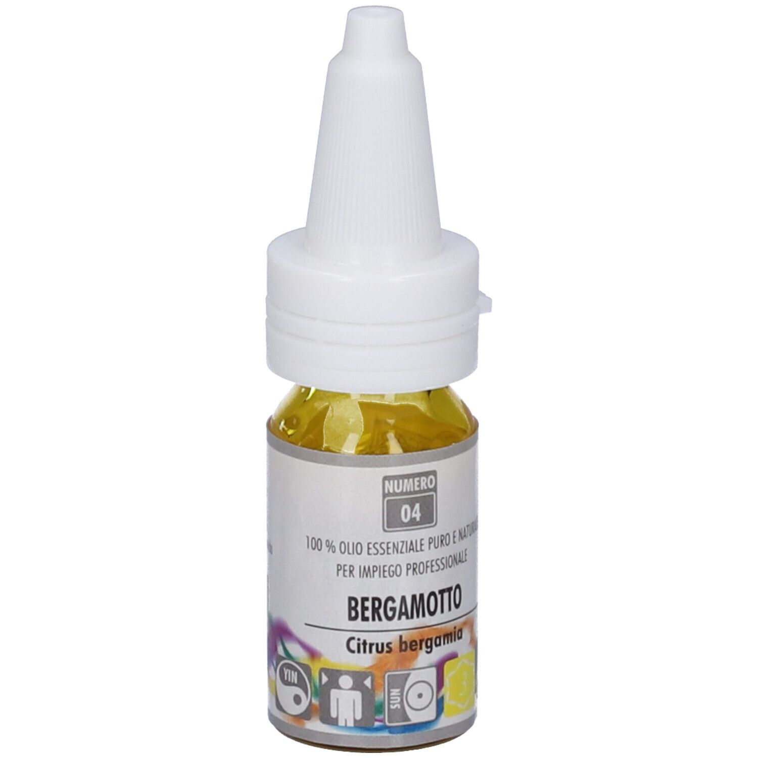 Flacone di olio giallo con tappo bianco. Scritta: Bergamotto, Citrus bergamia. Numero 04.