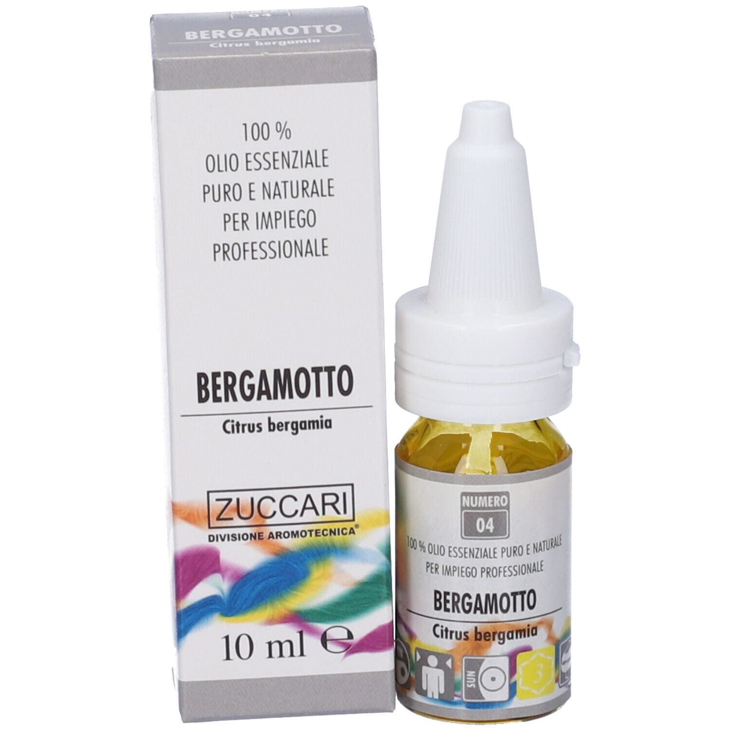 Flacone di olio giallo con tappo bianco e scatola informativa. Scritta: Bergamotto.