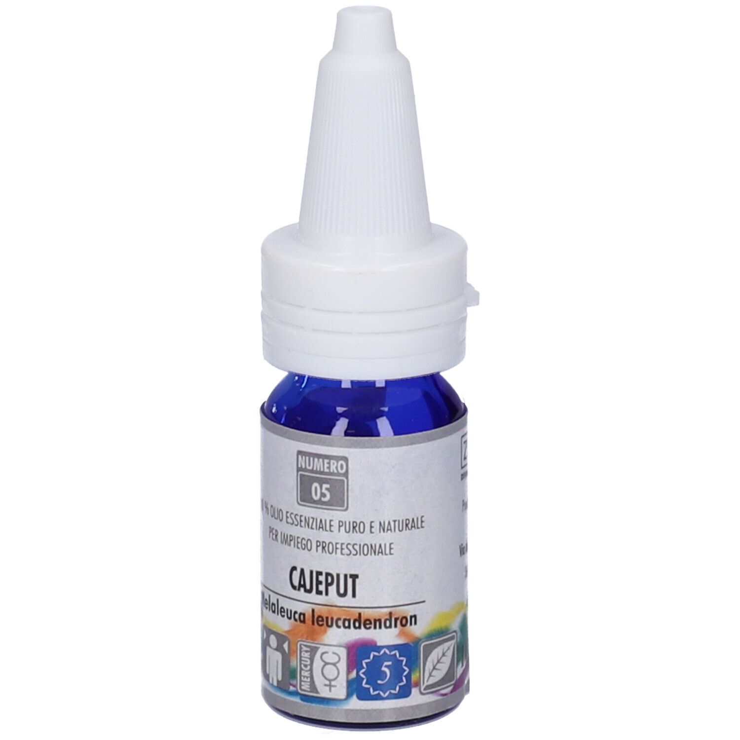 Flacone di olio blu con tappo bianco. Scritto: Cajeput, Melaleuca leucadendron.