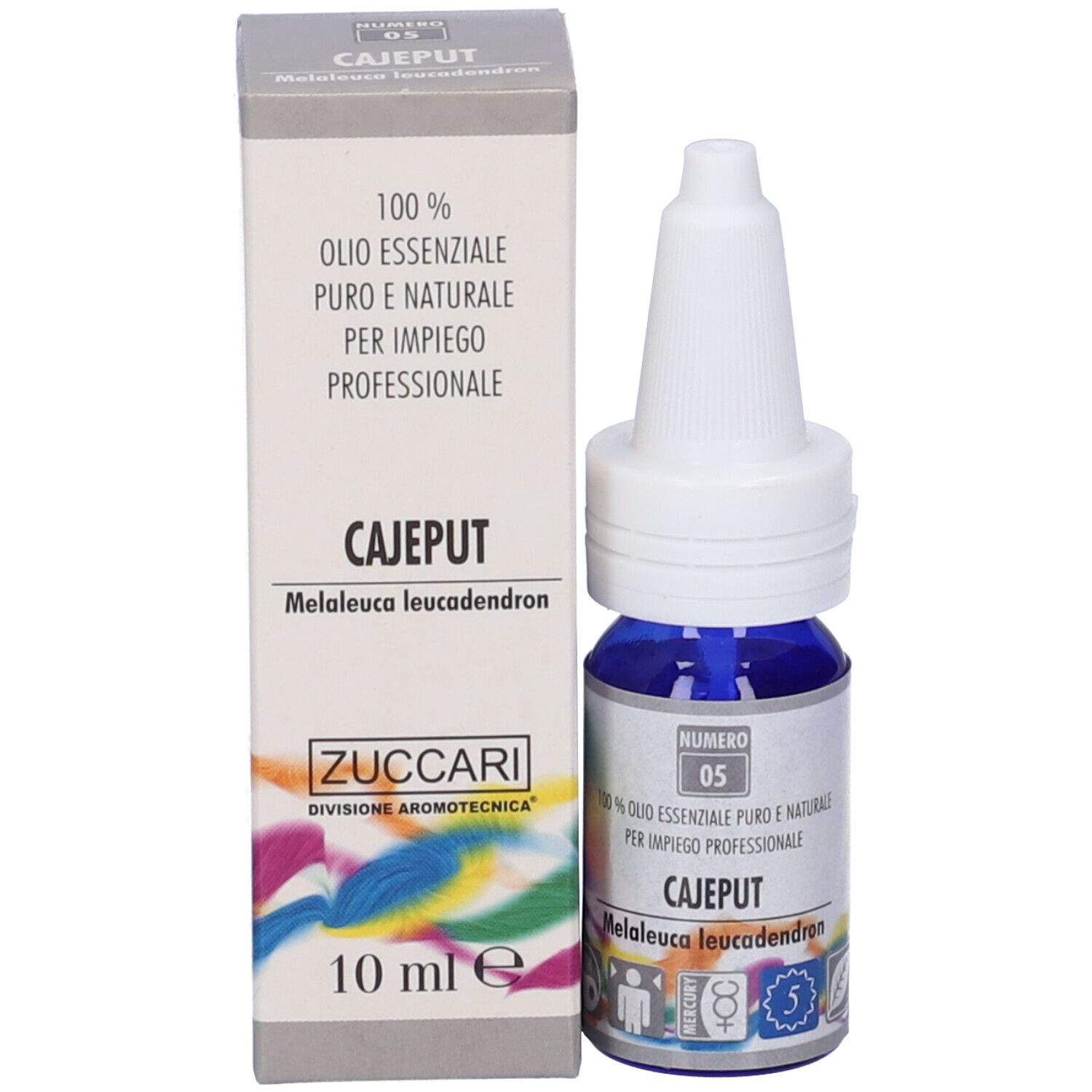 Flacone di olio blu con tappo bianco e scatola. Scritto: Cajeput, 10 ml.