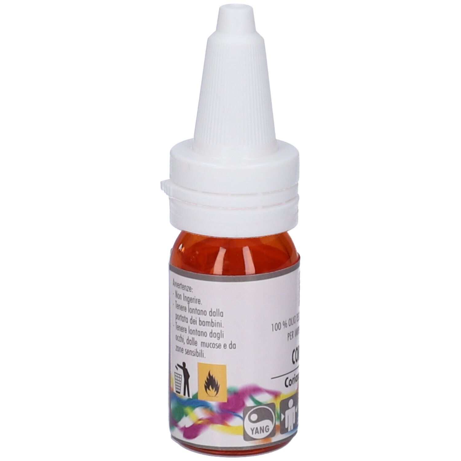 Flacone di vetro marrone con tappo bianco. Scritta: Coriandolo. Avvertenze e simboli.