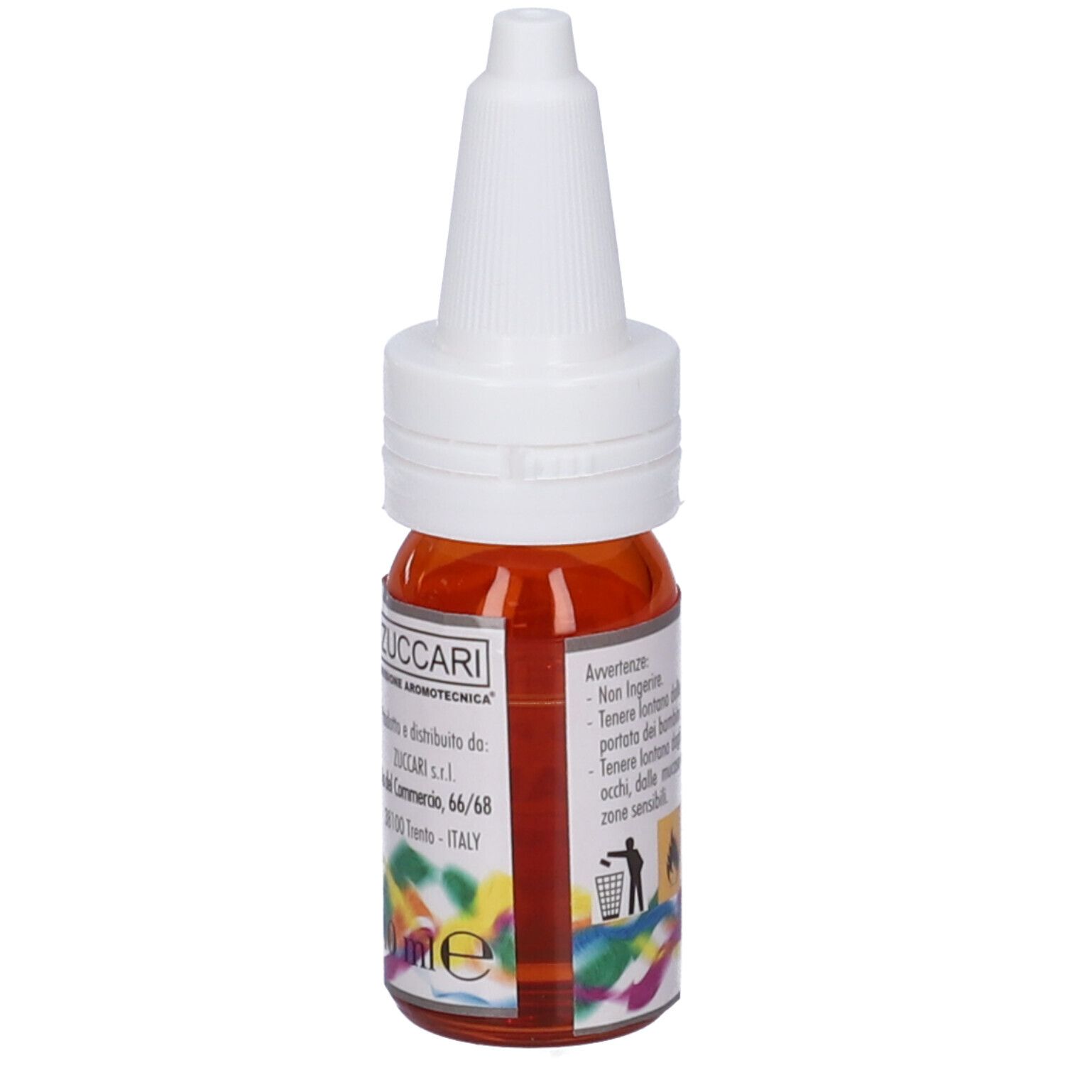 Flacone di vetro marrone con tappo bianco. Scritta: Zuccari, Coriandolo. Avvertenze.