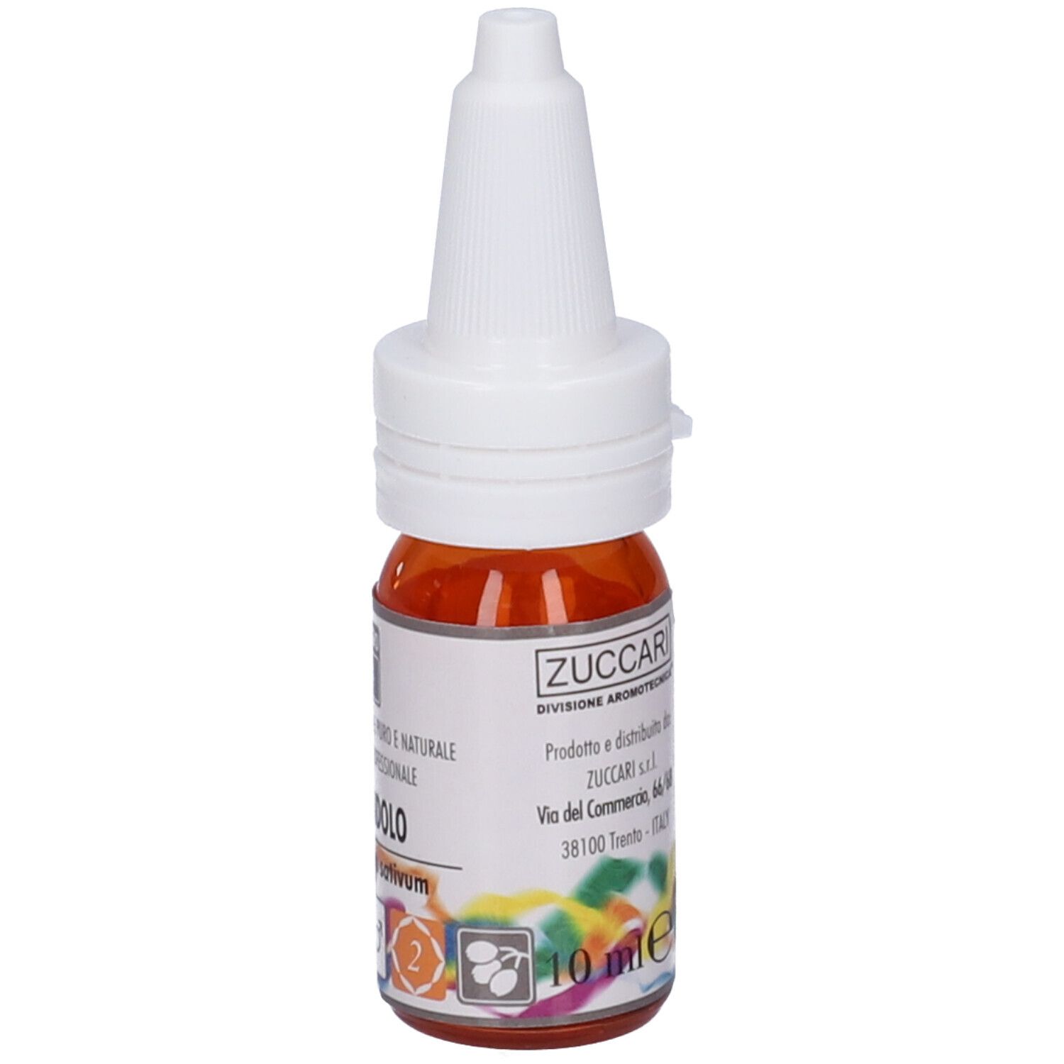Flacone di vetro marrone con tappo bianco. Scritta: Zuccari, Coriandolo, 10 ml.
