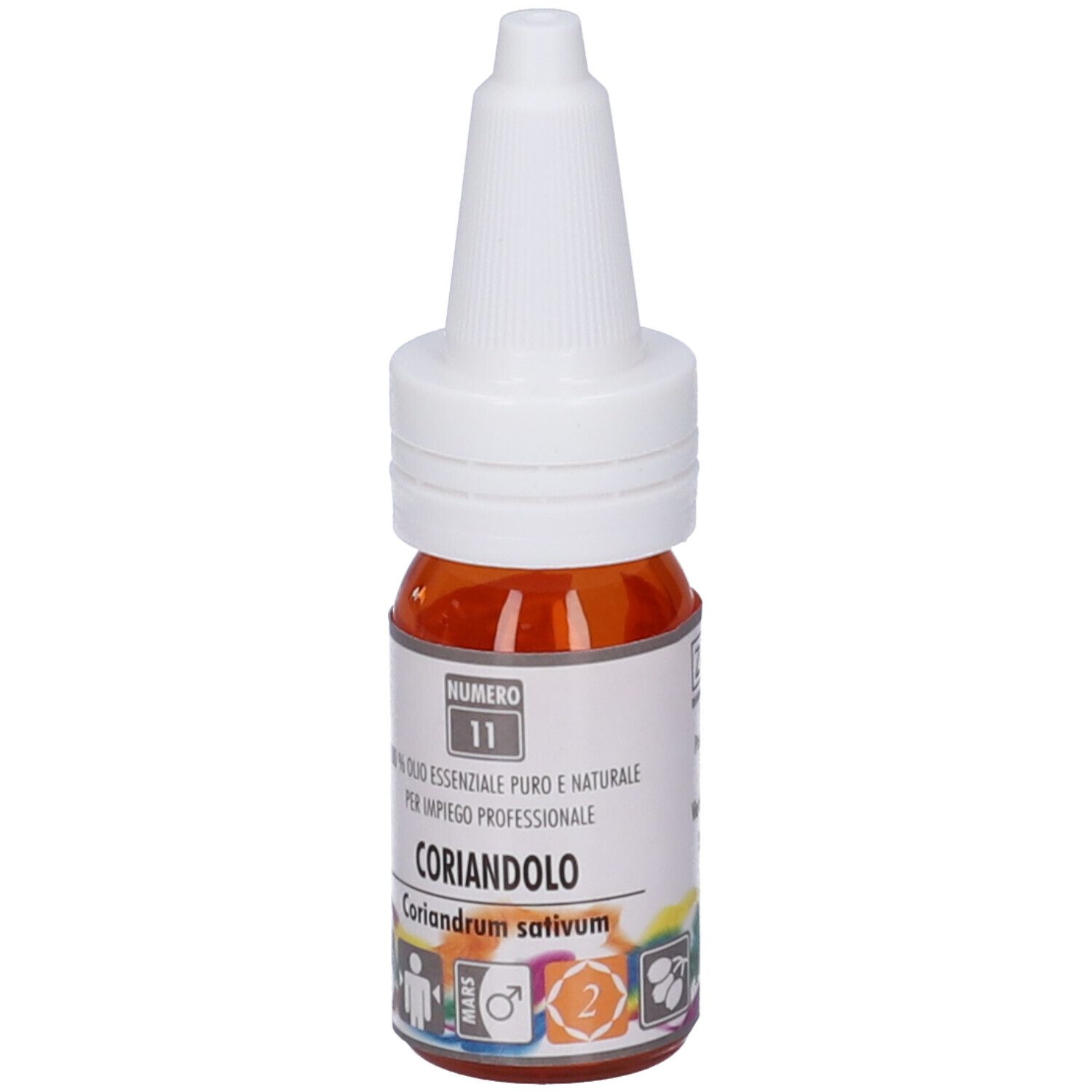 Flacone di vetro marrone con tappo bianco. Scritta: Coriandolo, 100% Olio Essenziale Puro.