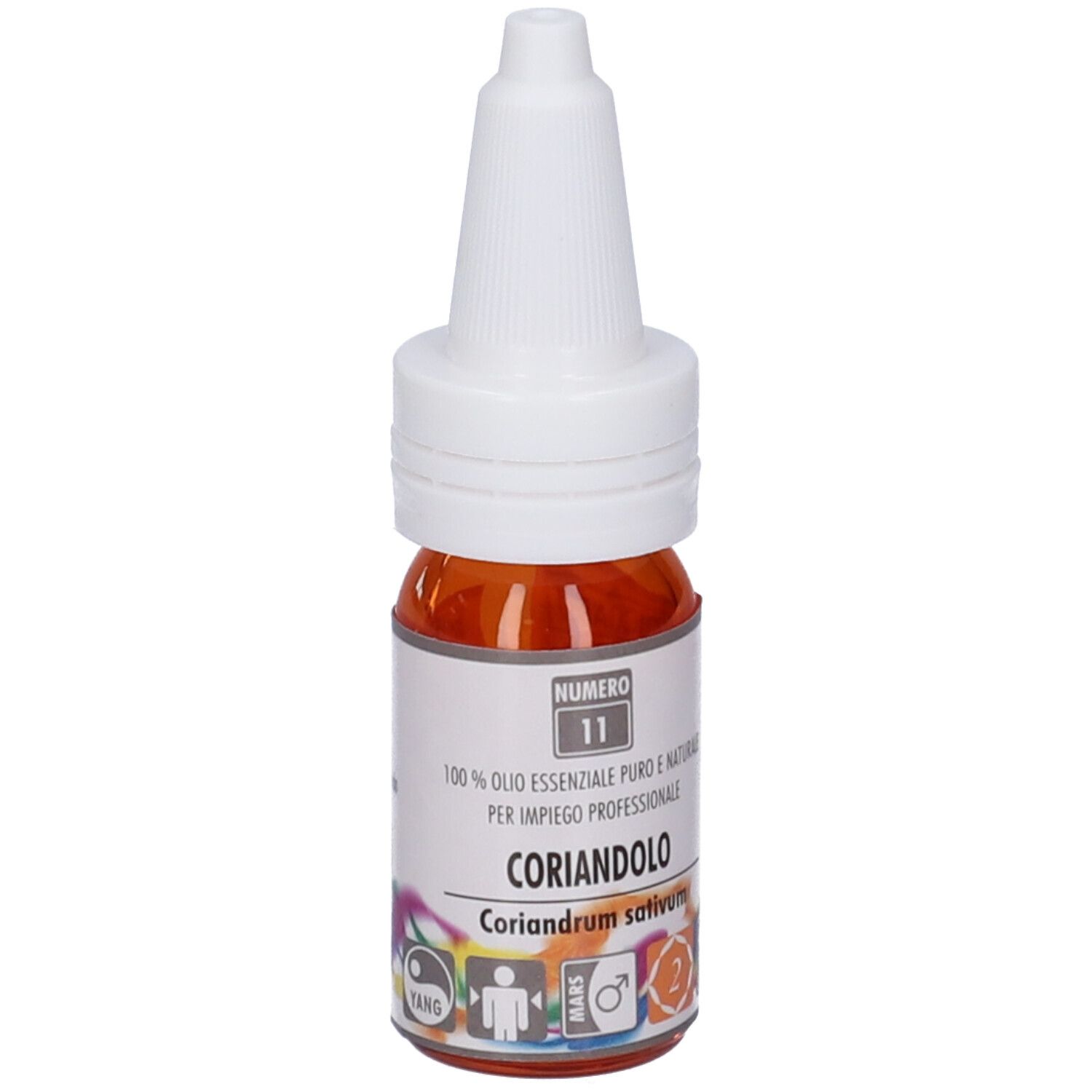 Flacone di vetro marrone con tappo bianco. Scritta: Coriandolo, 100% Olio Essenziale Puro.