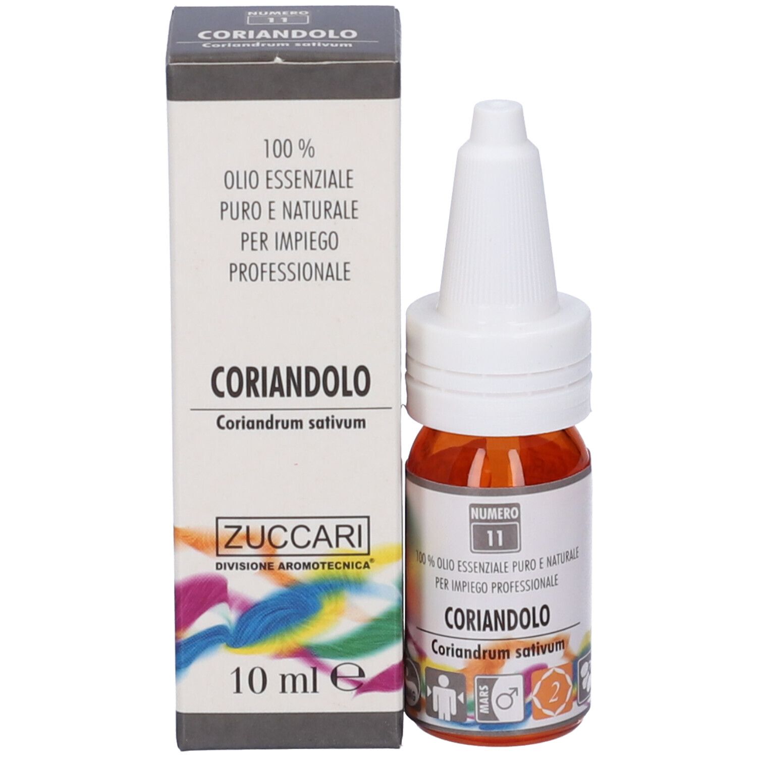 Flacone di vetro marrone e scatola. Scritta: Zuccari, Coriandolo, 10 ml, 100% Olio Essenziale Puro.