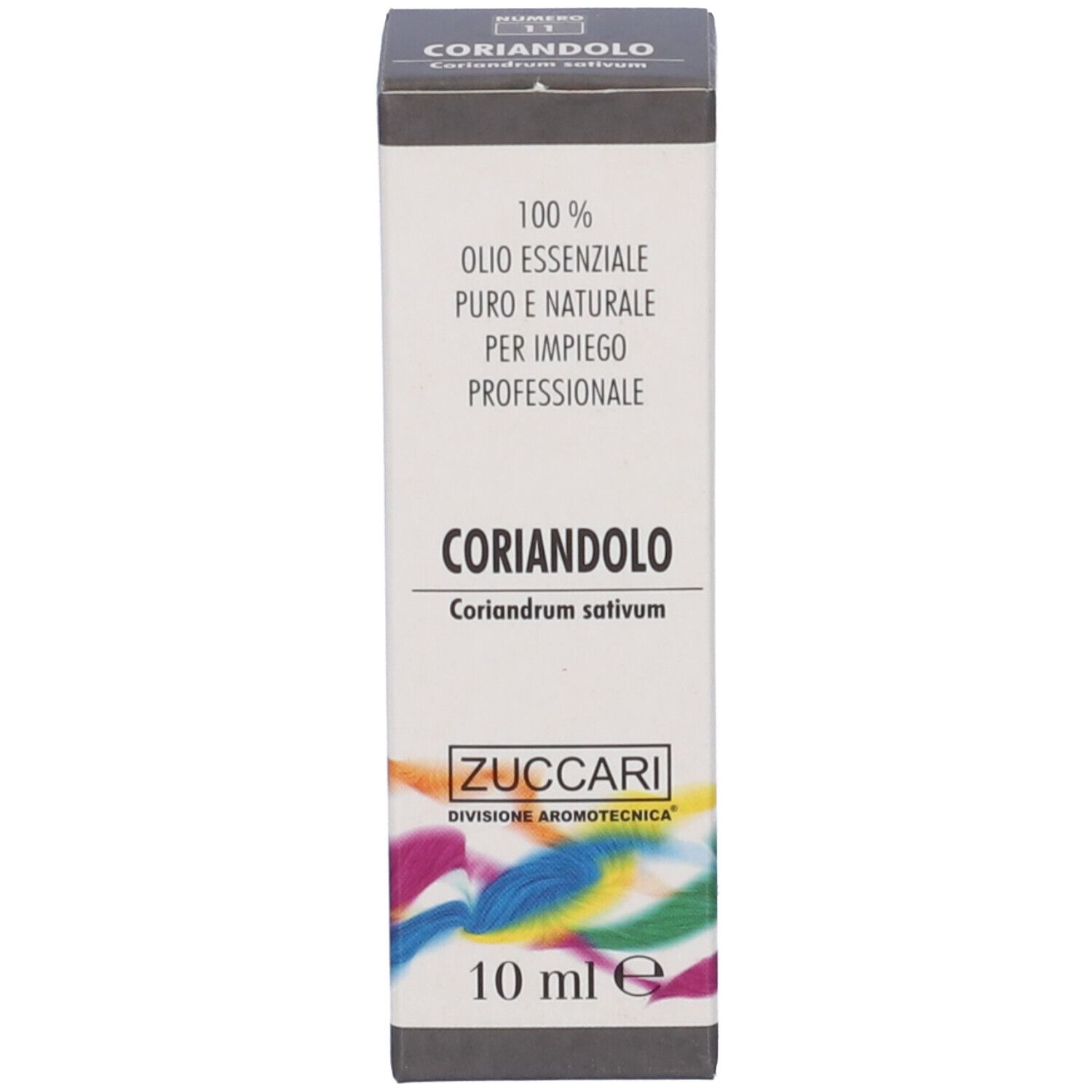 Scatola con scritta: Zuccari, Coriandolo, 10 ml, 100% Olio Essenziale Puro.