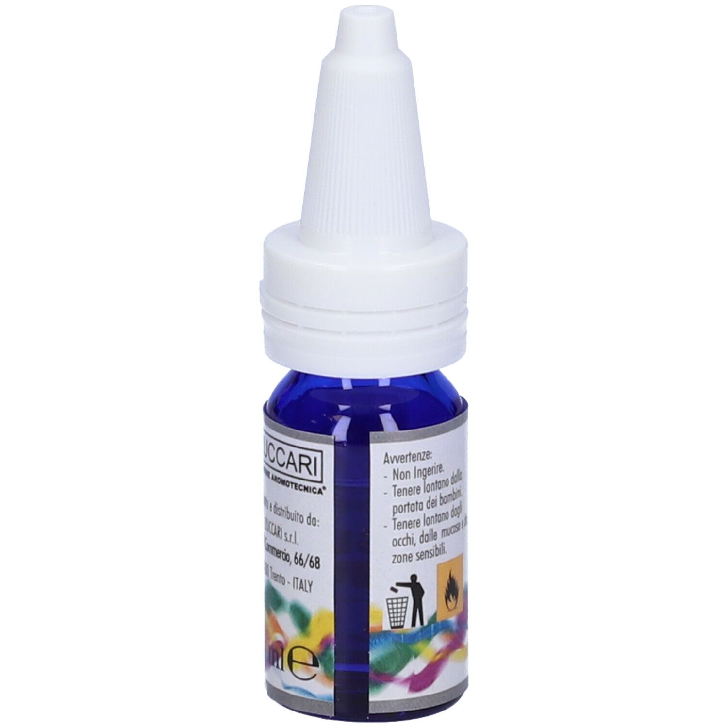 Flacone blu con tappo bianco. Scritta: ZUCCARI, EUCALIPTO GLOBOLUS. Avvertenze e simboli.