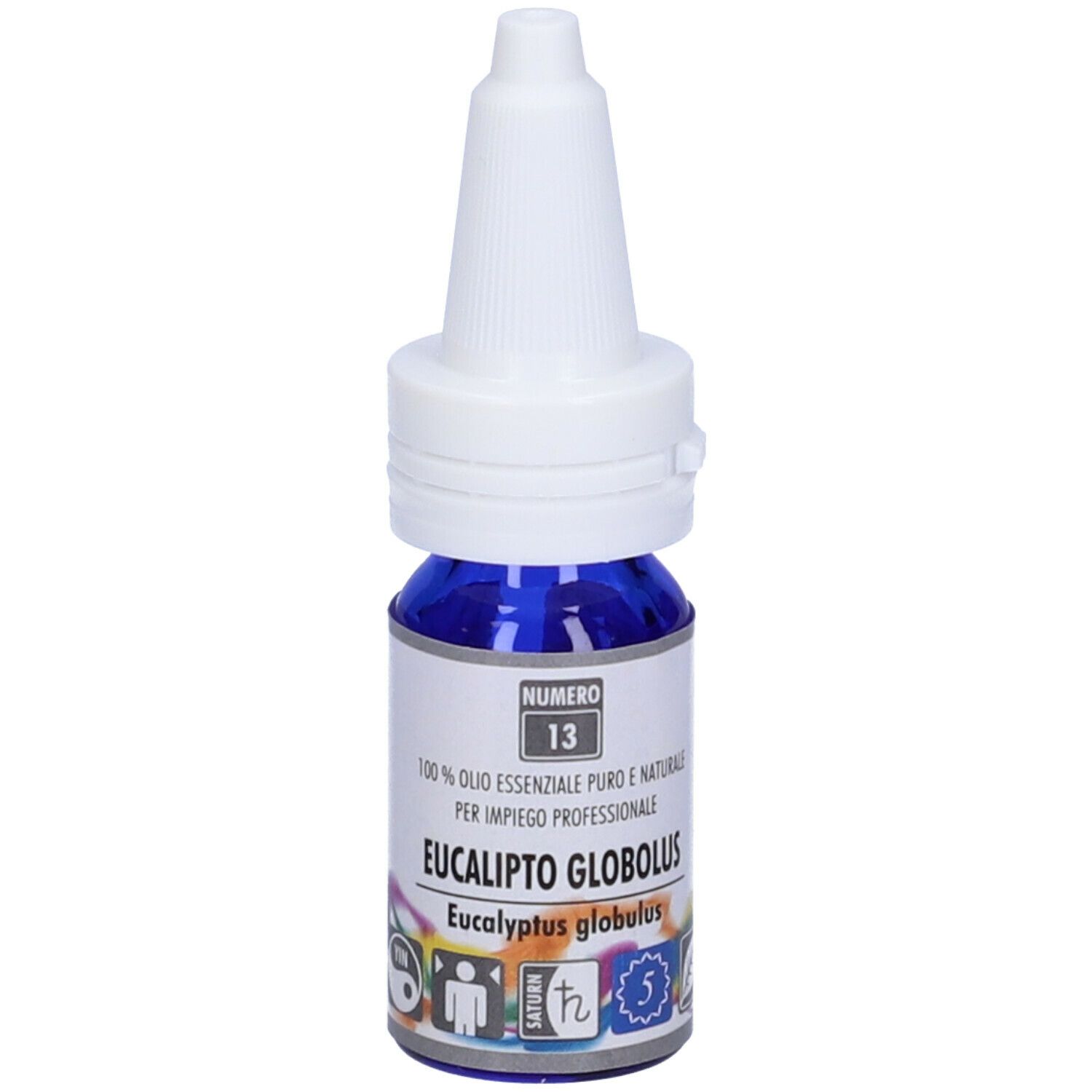 Flacone blu con tappo bianco. Scritta: EUCALIPTO GLOBOLUS, Numero 13. Adesivo con simboli.