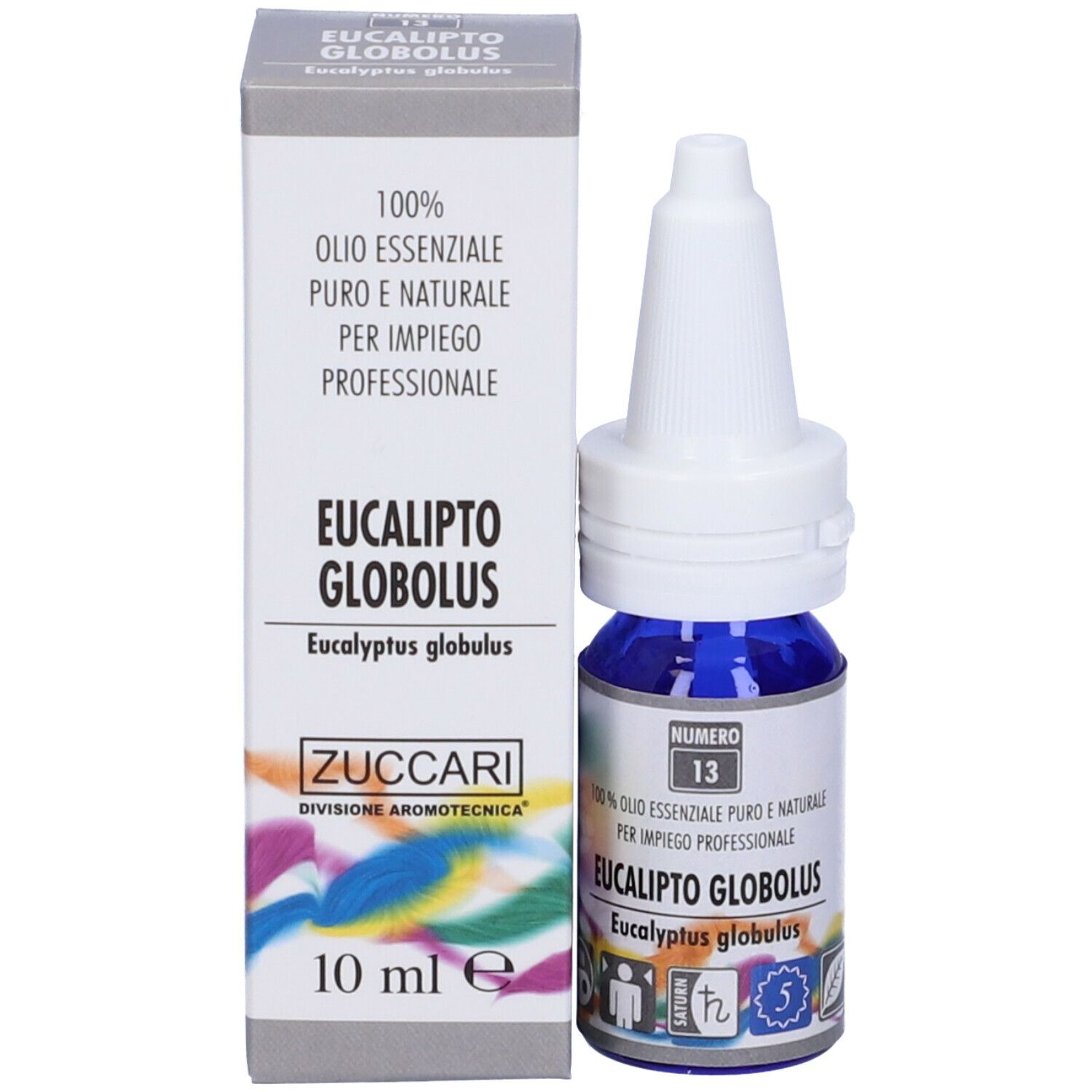 Confezione e flacone. Scatola con flacone. Scritta: EUCALIPTO GLOBOLUS, ZUCCARI, 10 ml.