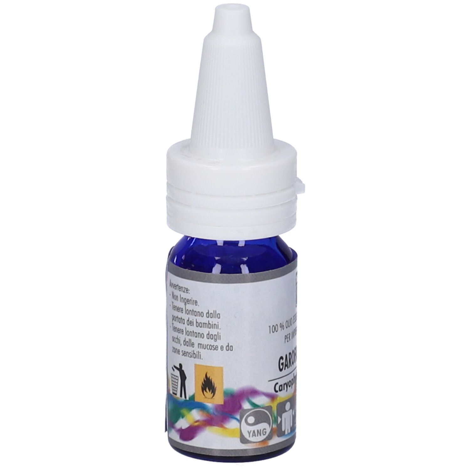 Flacone blu con contagocce bianco. Etichetta con informazioni sul prodotto e marchio Zuccari.