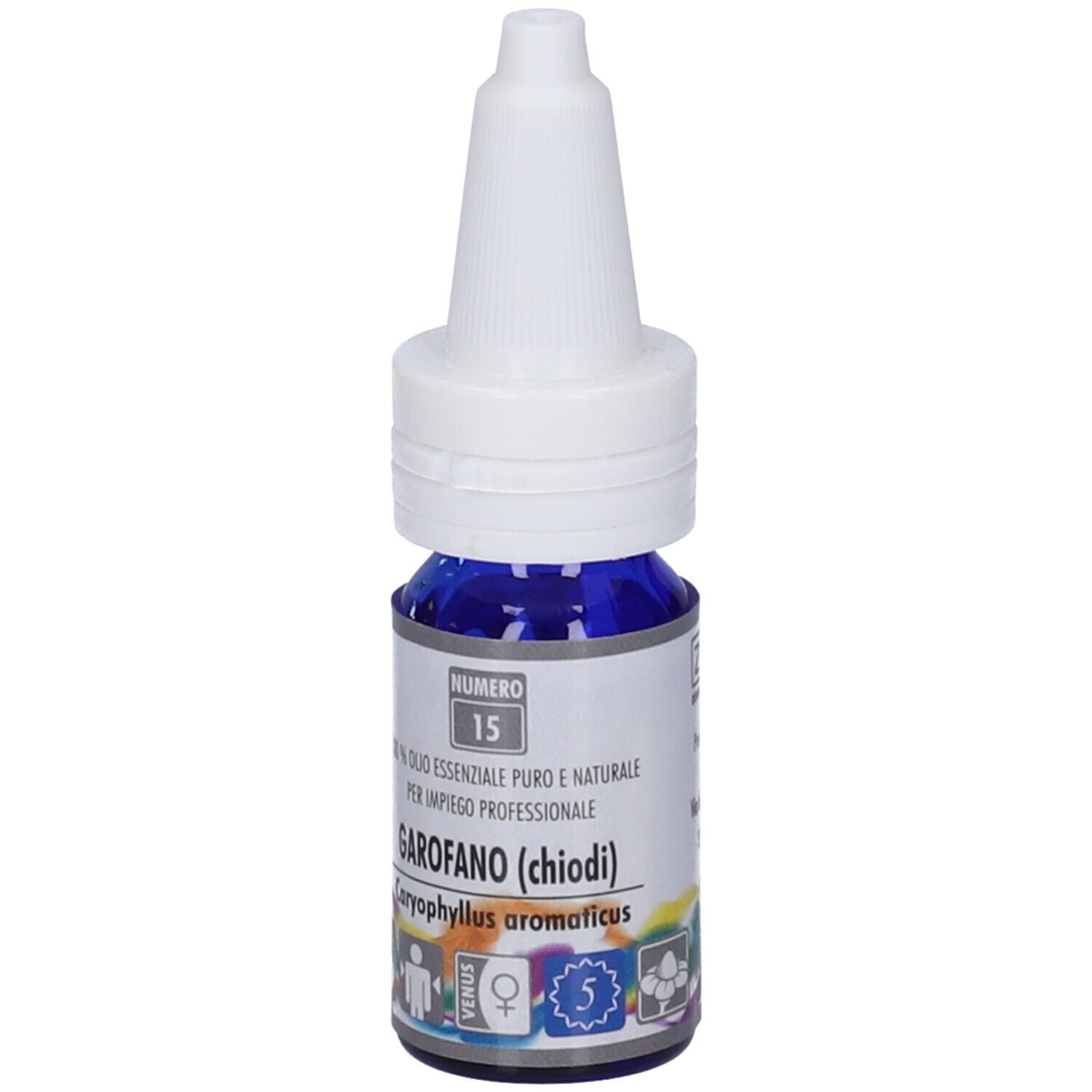 Flacone blu con contagocce bianco. Etichetta con informazioni sul prodotto e marchio Zuccari.