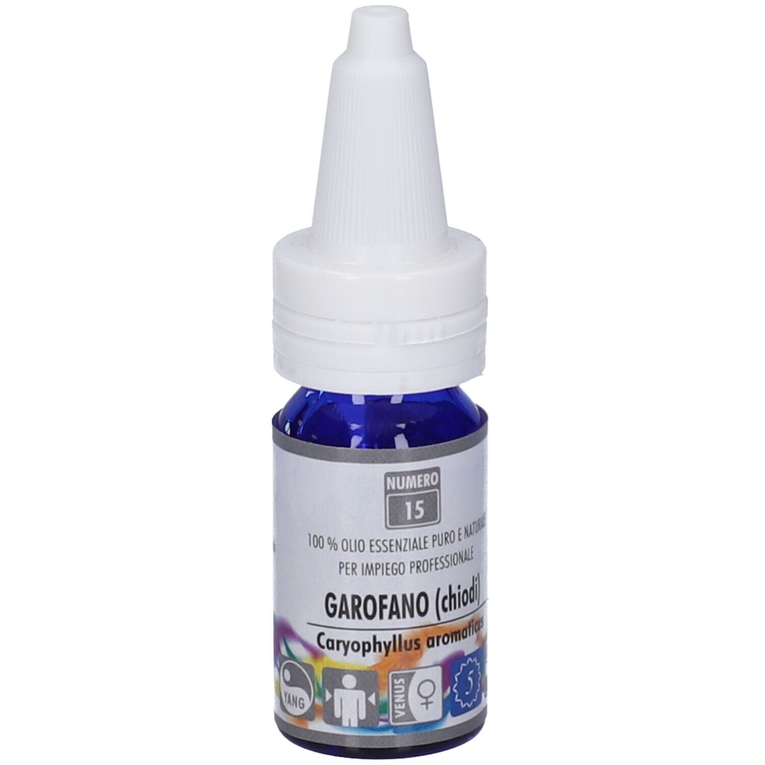 Flacone blu con contagocce bianco. Etichetta con informazioni sul prodotto e marchio Zuccari.