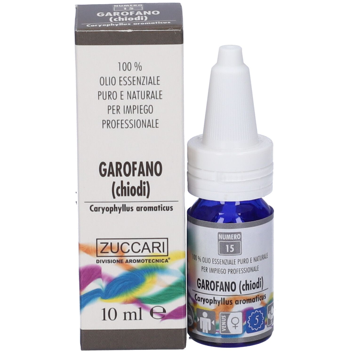 Flacone blu con contagocce bianco e scatola. Contiene informazioni sul prodotto e marchio Zuccari.