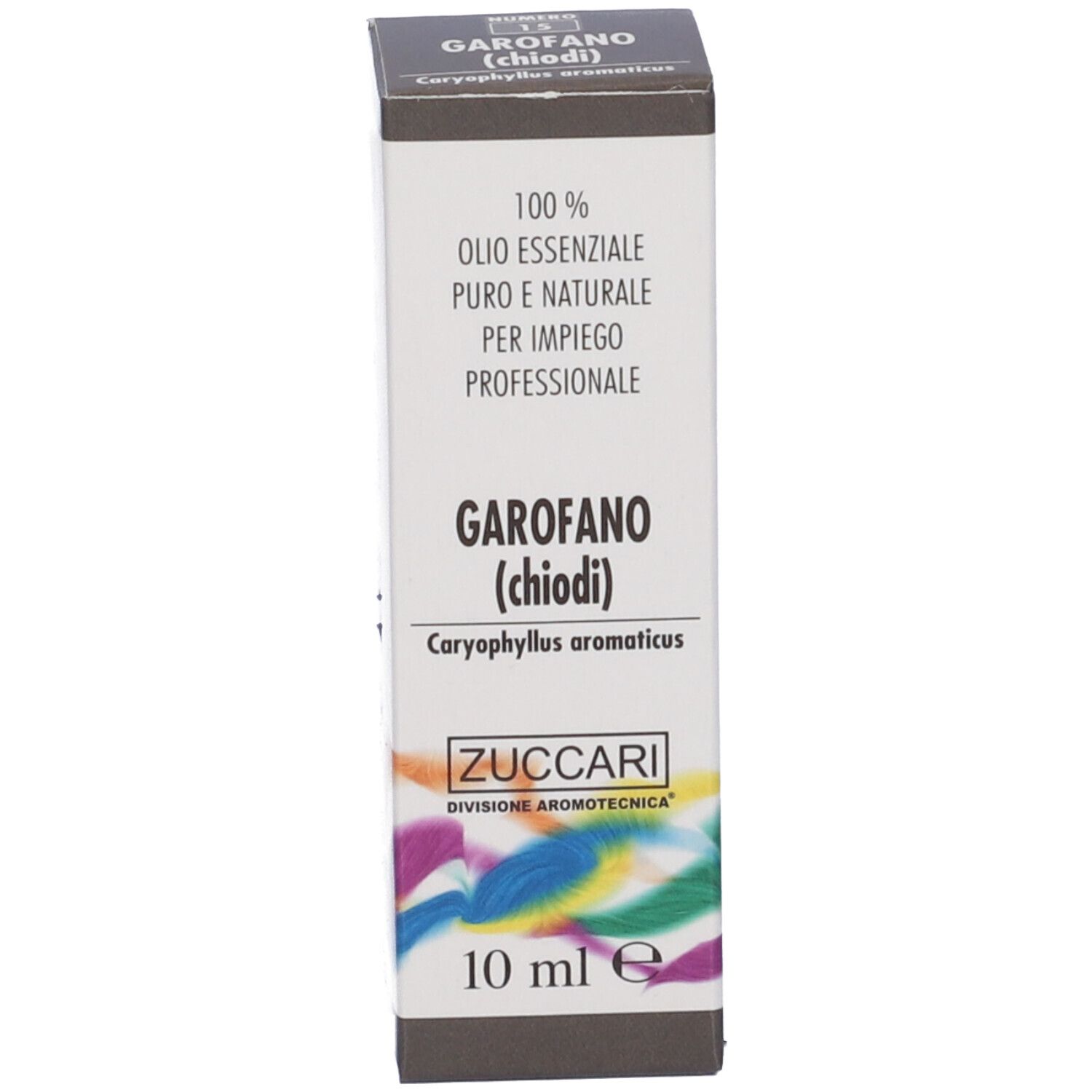 Scatola con informazioni sul prodotto e marchio Zuccari. Testo: Garofano (chiodi), 10 ml.