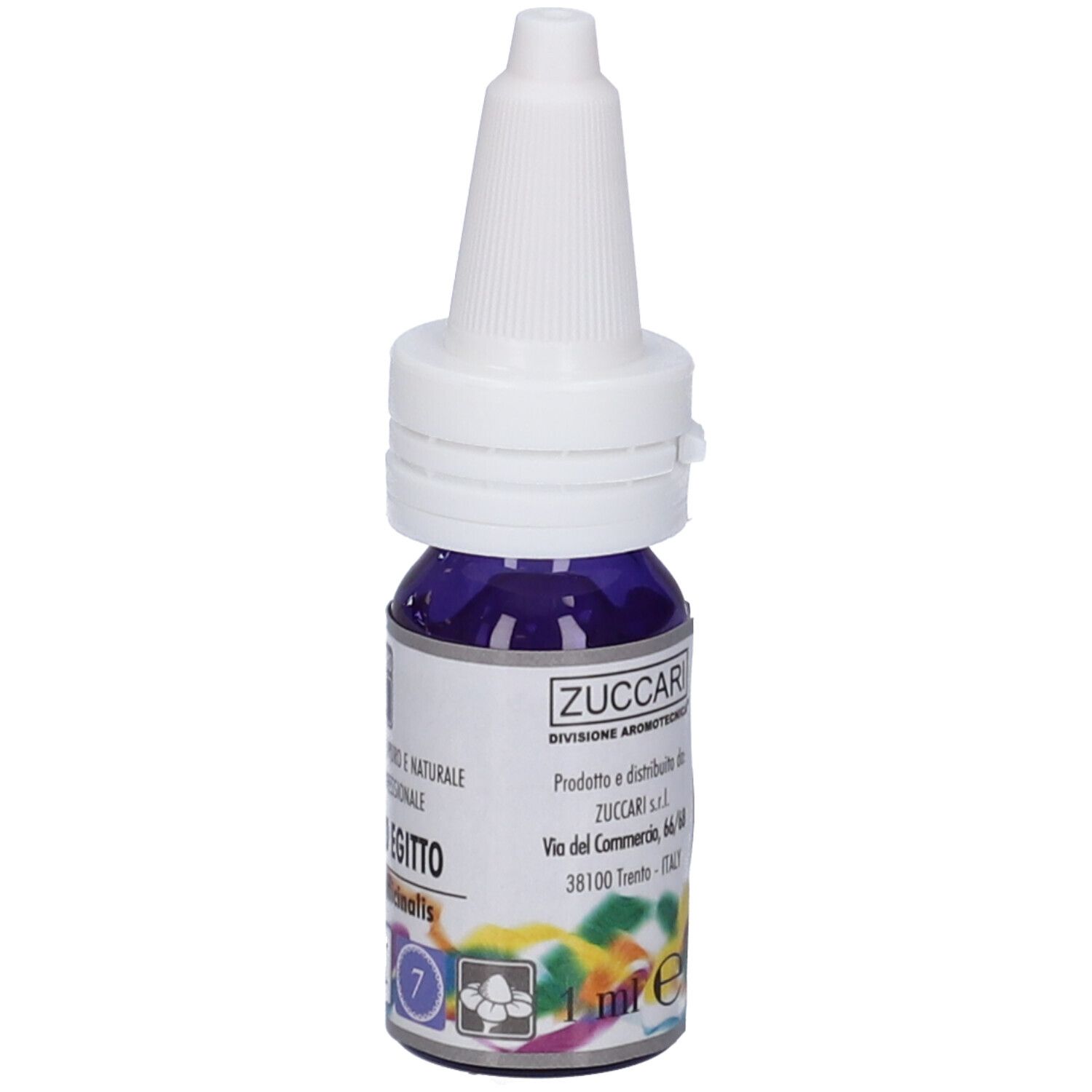 Flacone con liquido blu e tappo bianco. Scritta: Zuccari, Gelsomino Egitto, 1 ml.