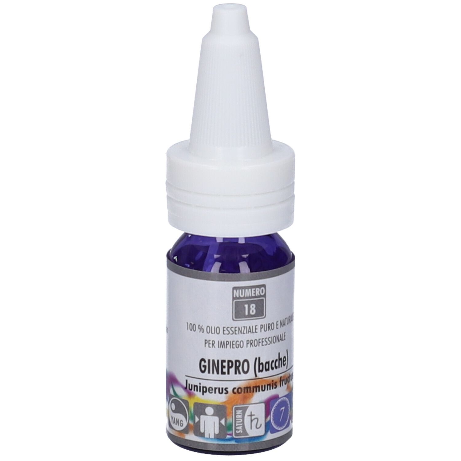 Flacone con liquido blu e tappo bianco. Scritta: Numero 18, Ginepro (bacche), 100% olio.
