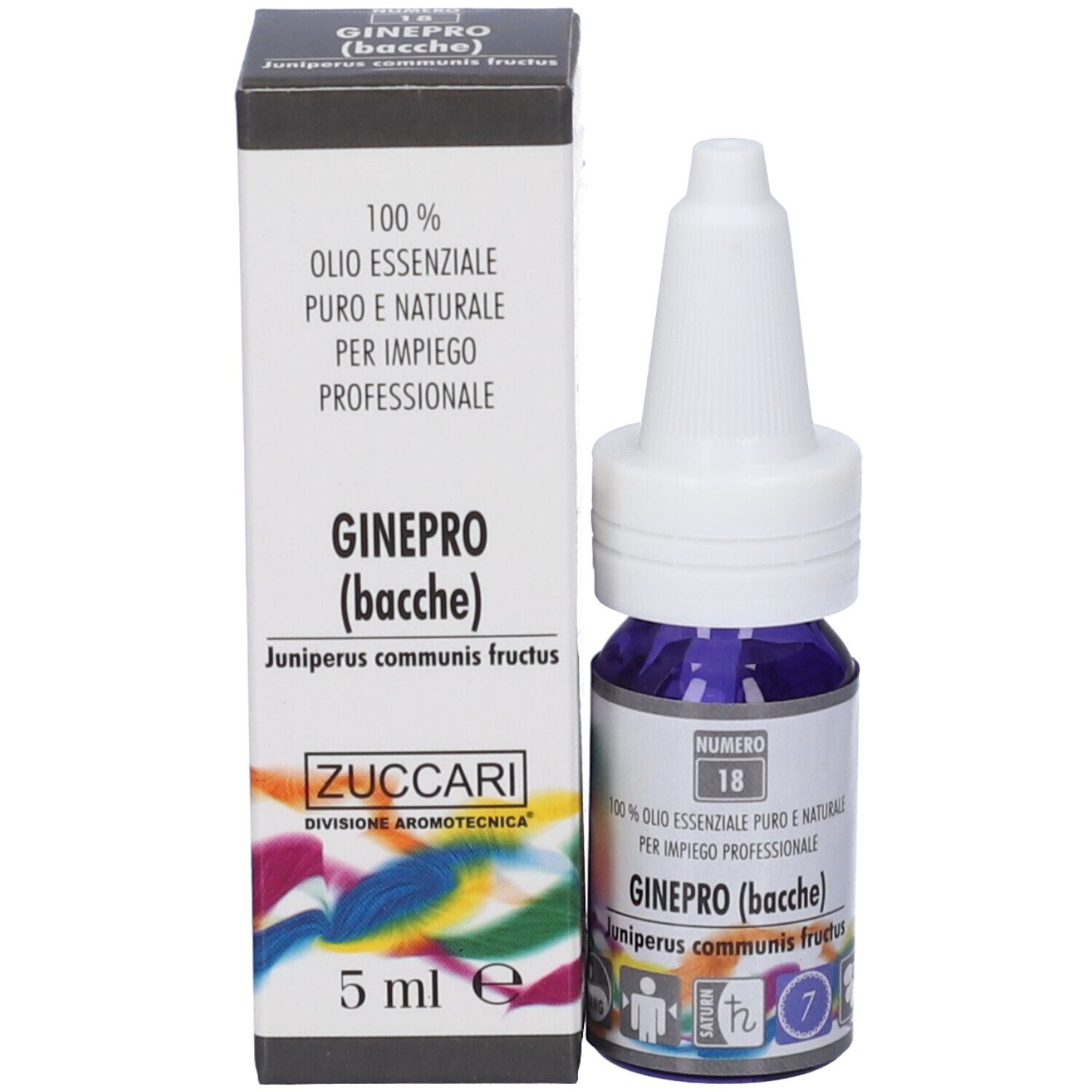 Flacone e scatola. Scritta: Zuccari, Ginepro (bacche), 5 ml, 100% olio. Scatola nera.