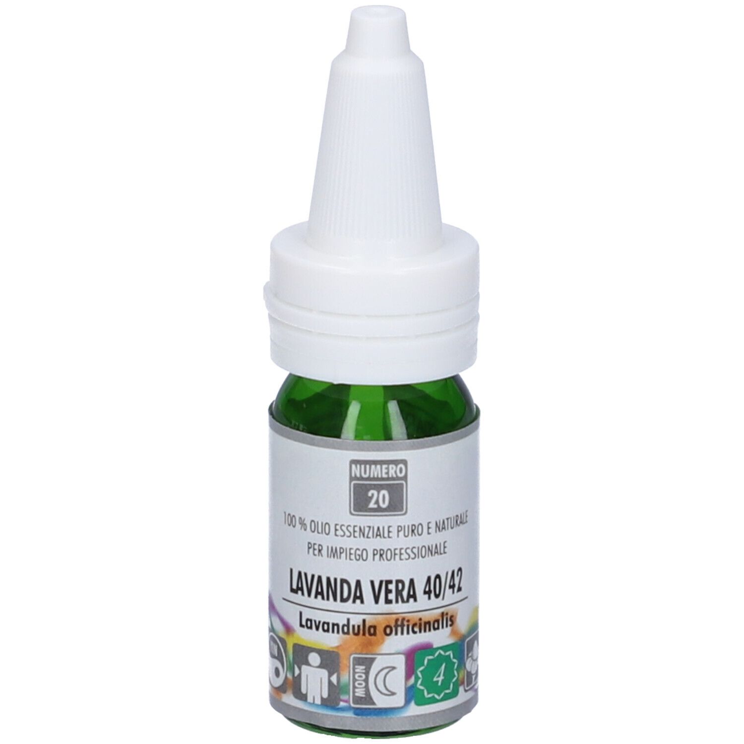 Flacone verde con tappo bianco. Scritta: Lavanda Vera 40/42, Numero 20. Etichetta con simboli.