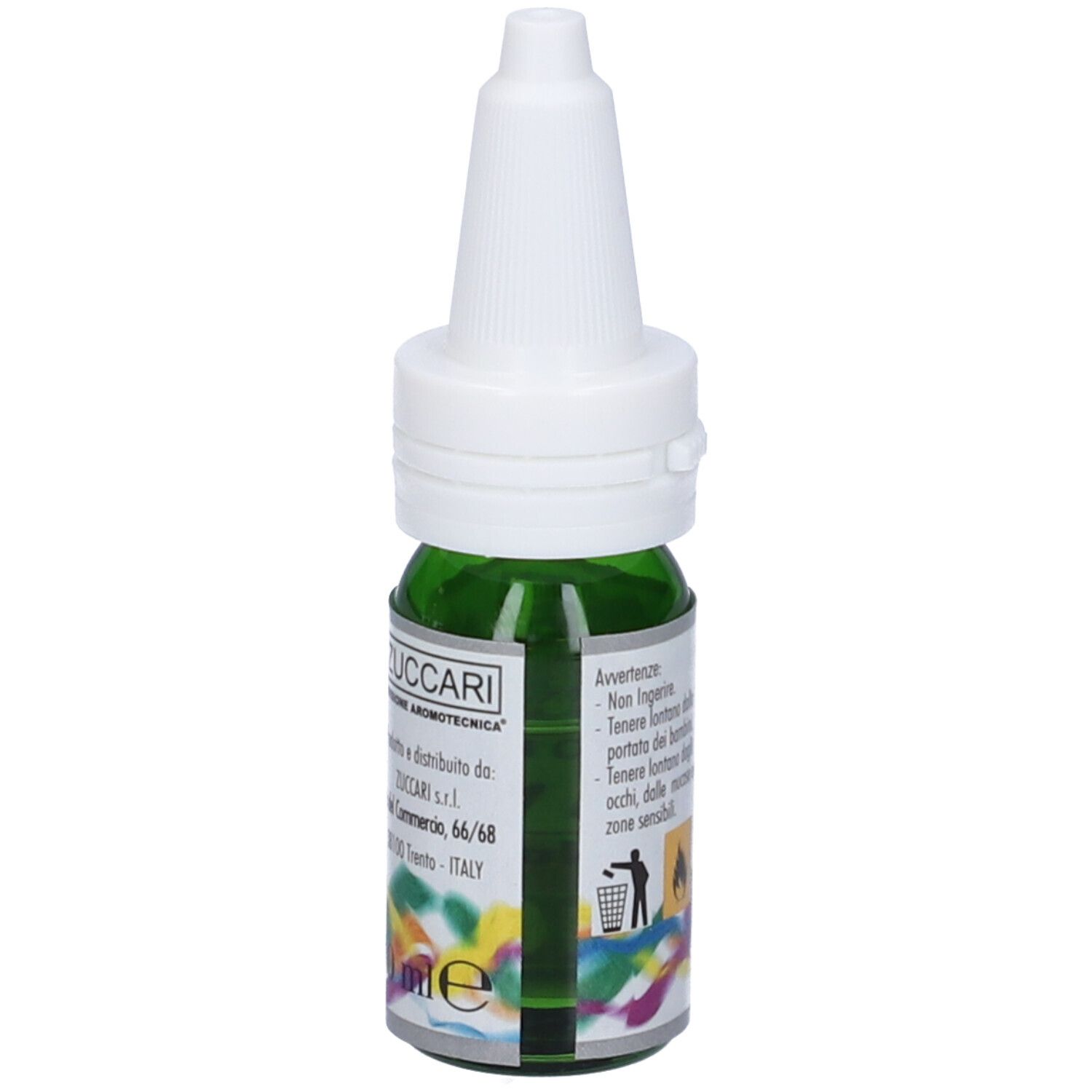 Flacone verde con tappo bianco. Scritta: Lavanda Vera 40/42, Zuccari. Etichetta con indirizzo.