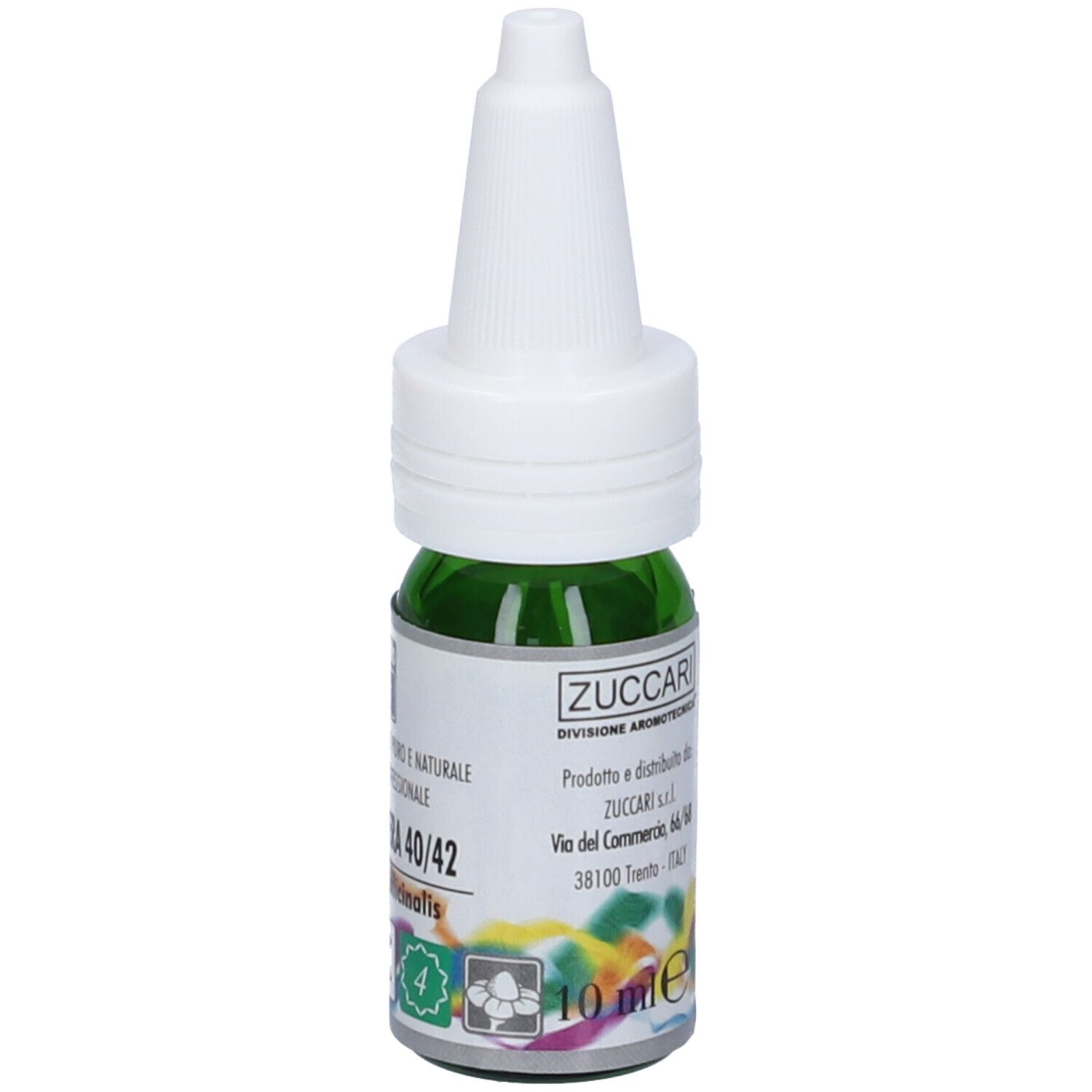 Flacone verde con tappo bianco. Scritta: Lavanda Vera 40/42, Zuccari. Etichetta con 10 ml.
