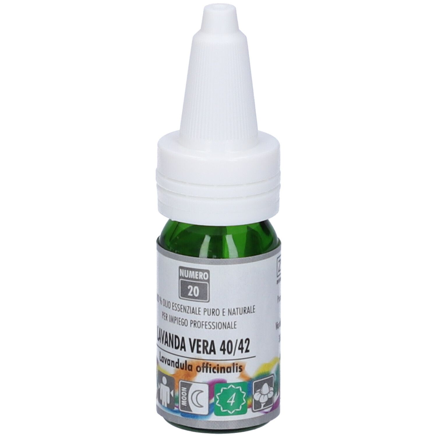 Flacone verde con tappo bianco. Scritta: Lavanda Vera 40/42, Numero 20. Etichetta con simboli.