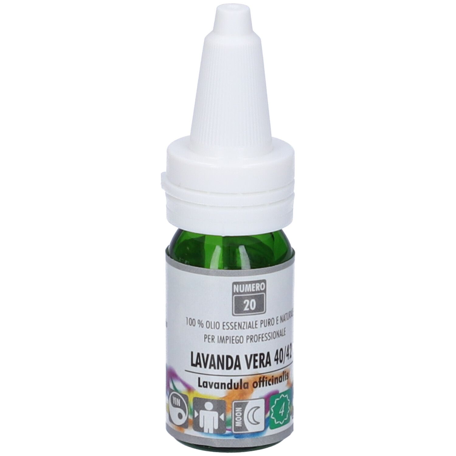 Flacone verde con tappo bianco. Scritta: Lavanda Vera 40/42, Numero 20. Etichetta con simboli.