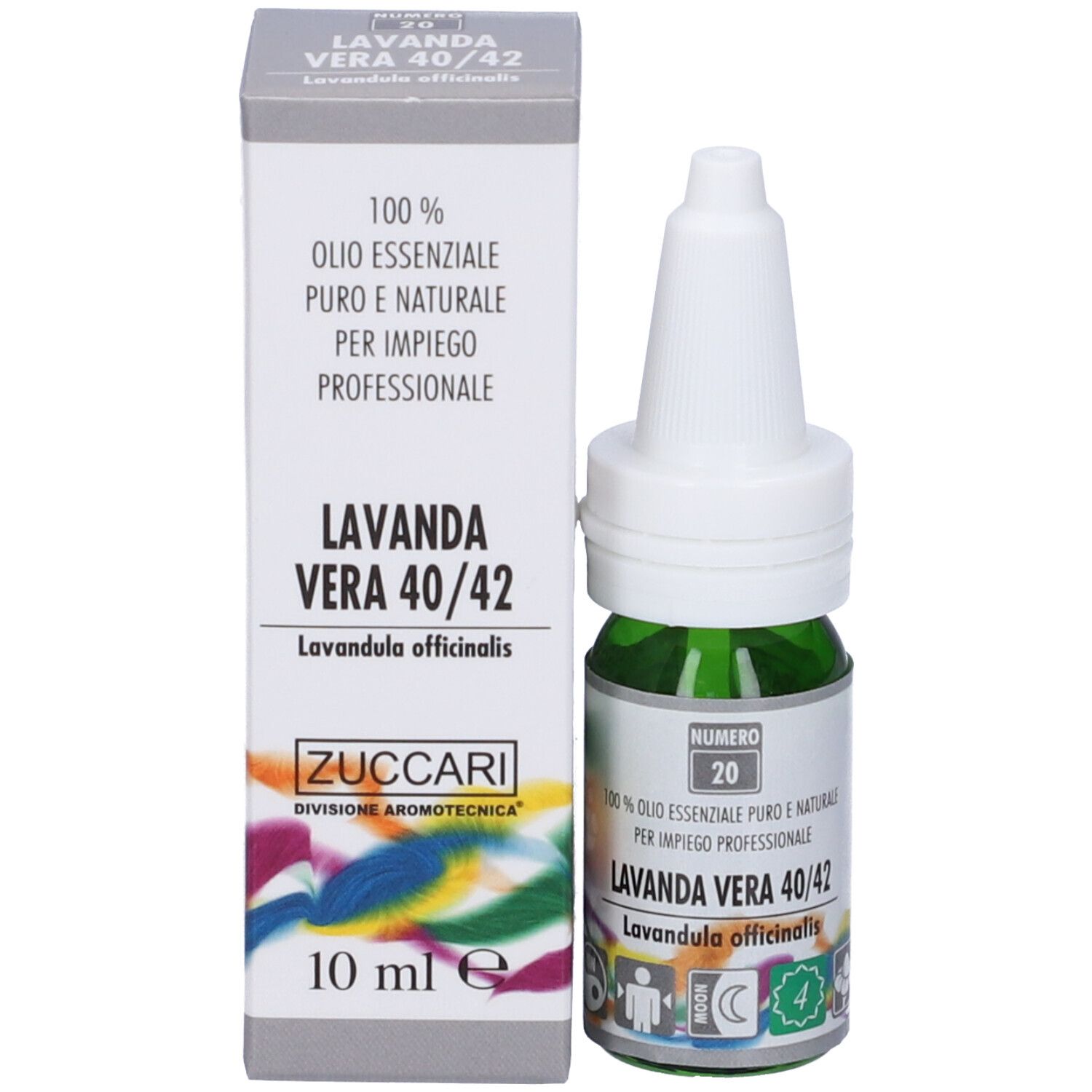Flacone verde con tappo bianco e scatola. Scritta: Lavanda Vera 40/42, Zuccari, 10 ml.