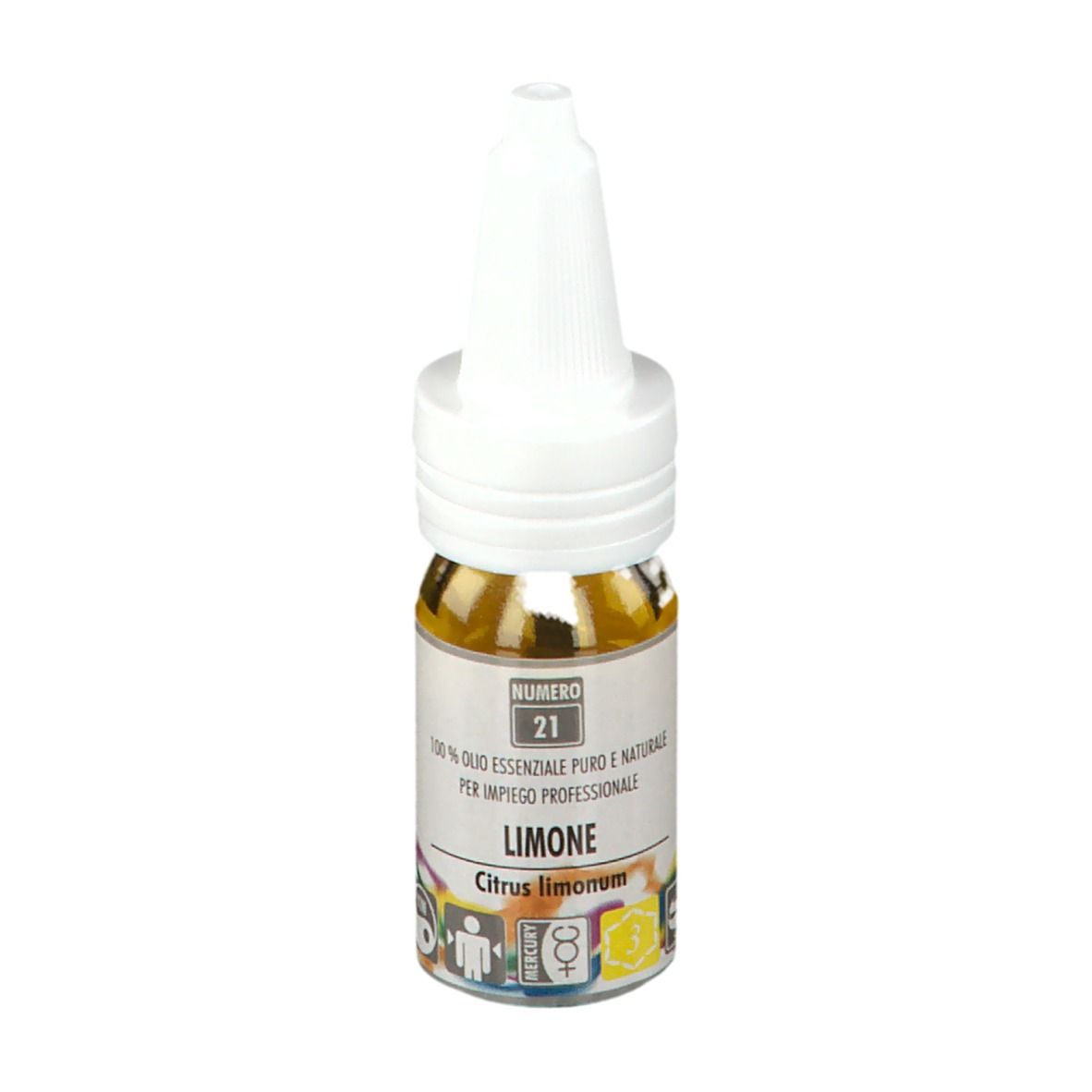 Piccolo flacone di olio giallo con tappo bianco. Scritta: Numero 21, Limone, Citrus limonum.