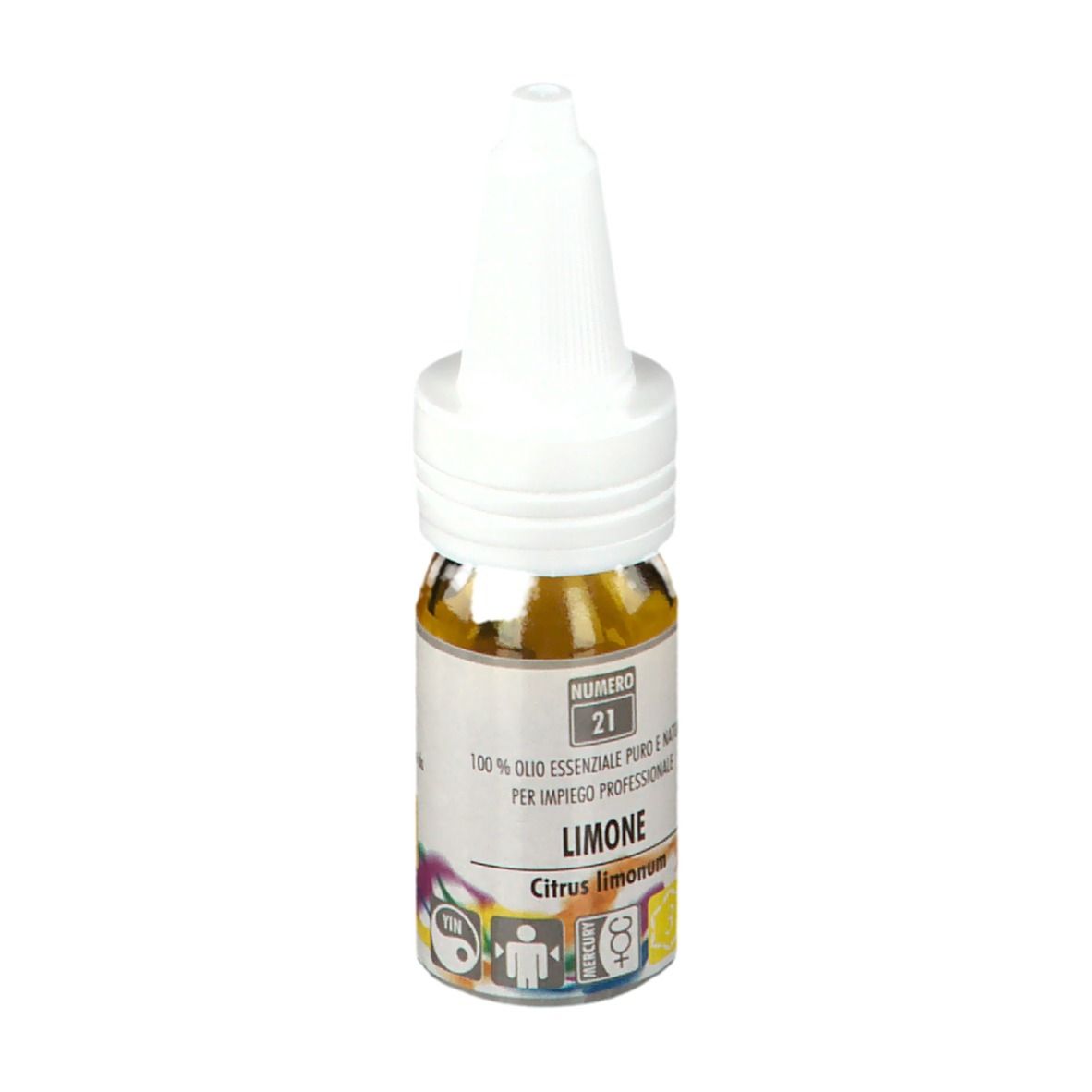 Piccolo flacone di olio giallo con tappo bianco. Scritta: ZUCCARI, Limone, 10 ml.